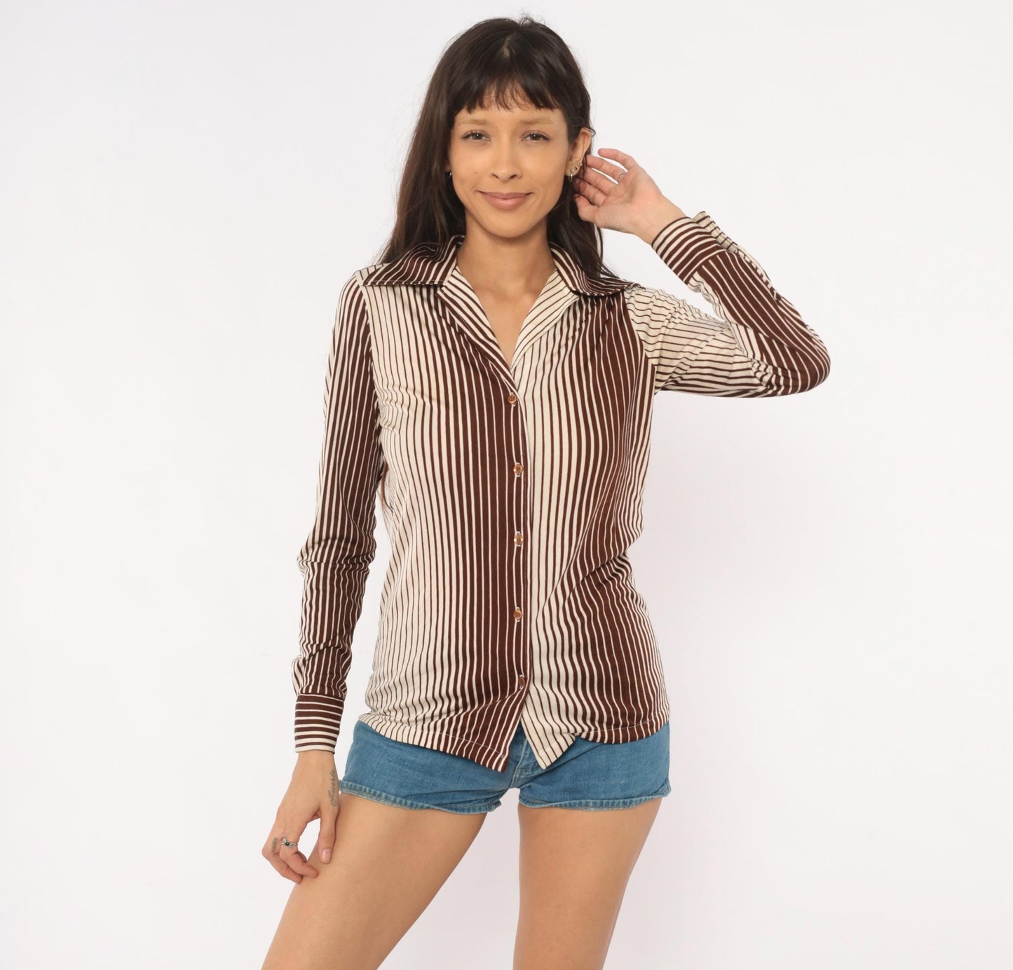 70s Sears Striped Button Front Blouse Brown Cream Pointed Collar Medium