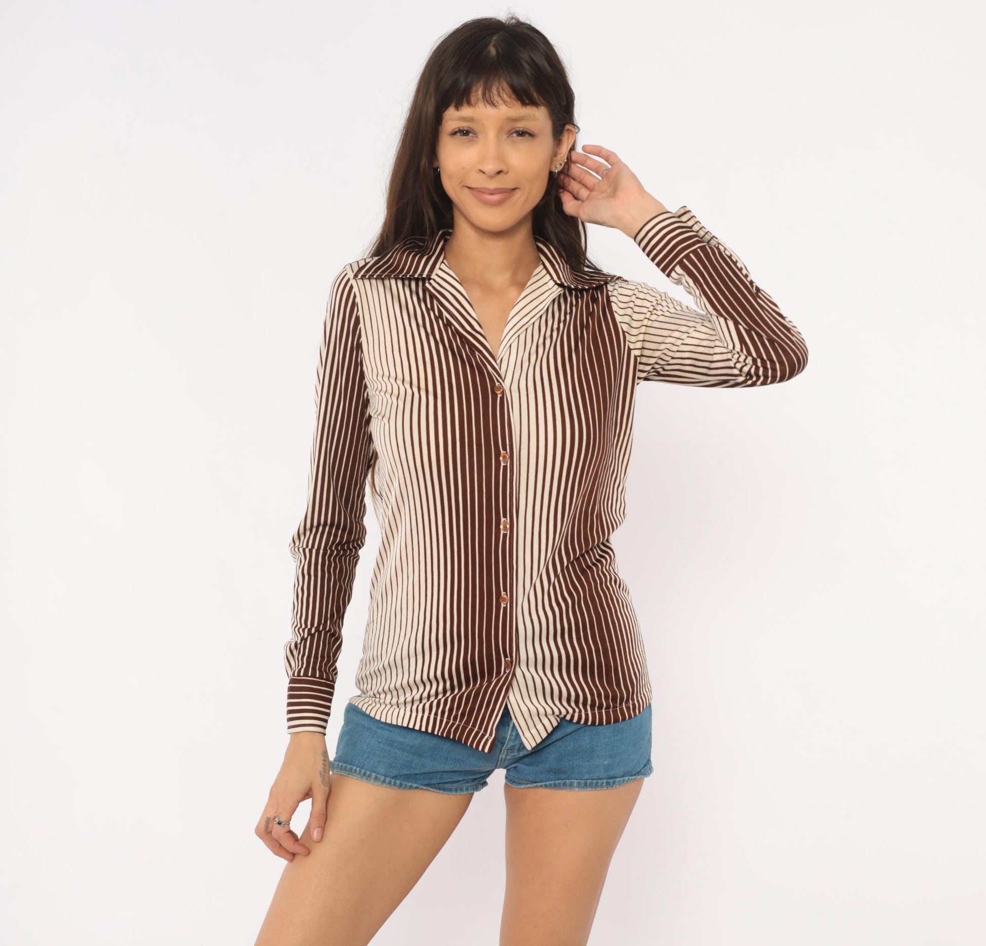 70s Sears Striped Button Front Blouse Brown Cream Pointed Collar Medium