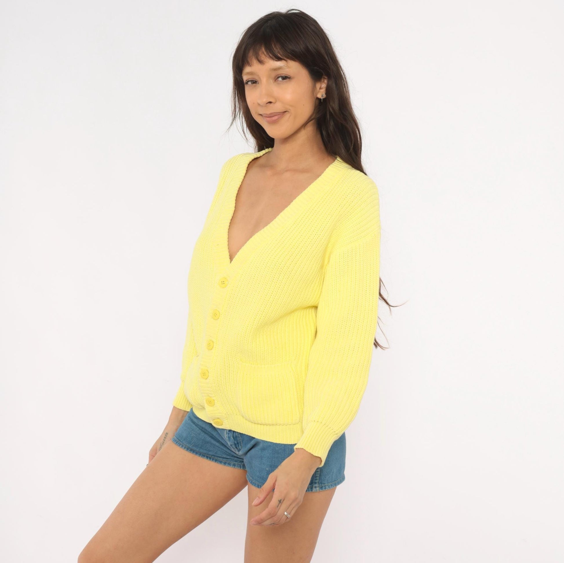 80s Benetton Pale Yellow Cotton Cardigan V-Neck Chunky Ribbed Large L