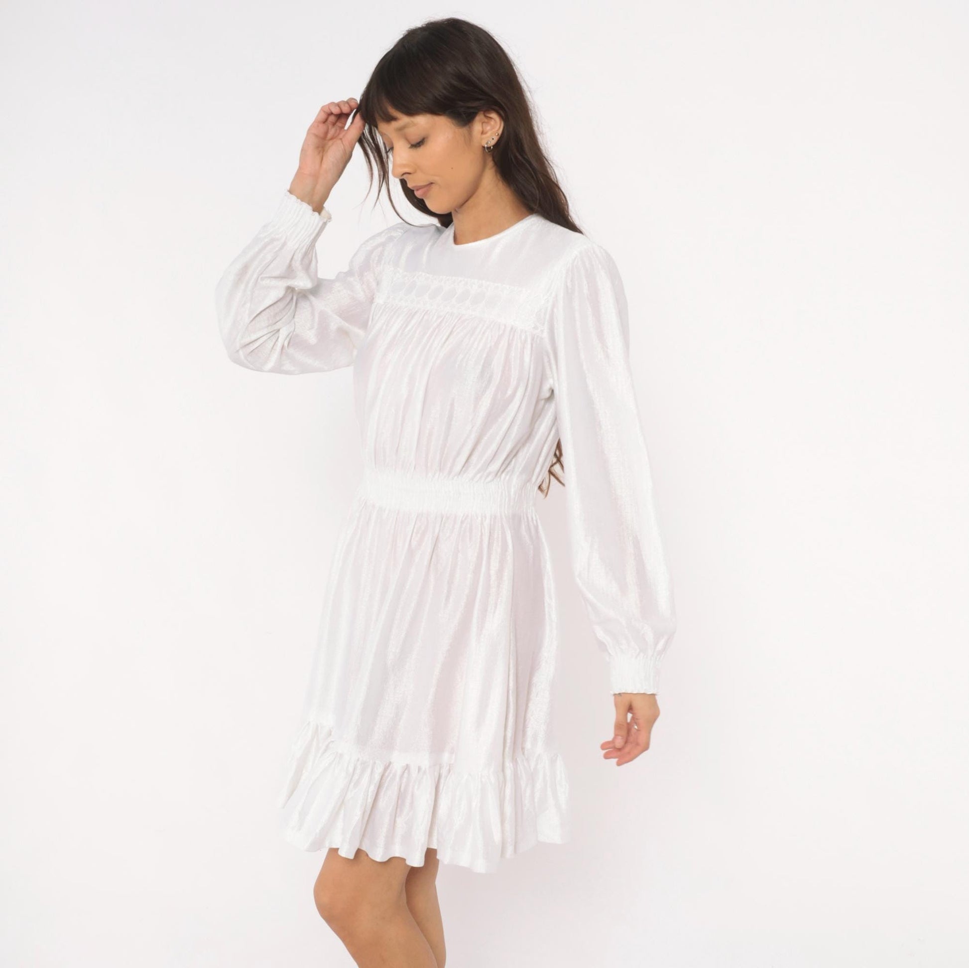 80s White Iridescent Babydoll Dress Puff Sleeve Lace Yoke Mini Medium Large