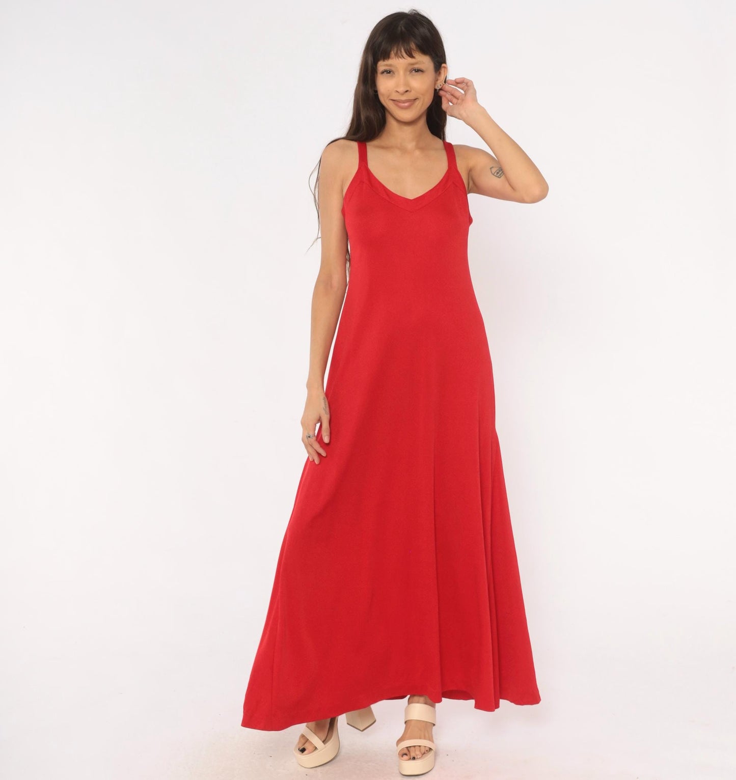 70s Red Maxi Dress V Neck A-Line Slip Gown Strappy Tank Medium M