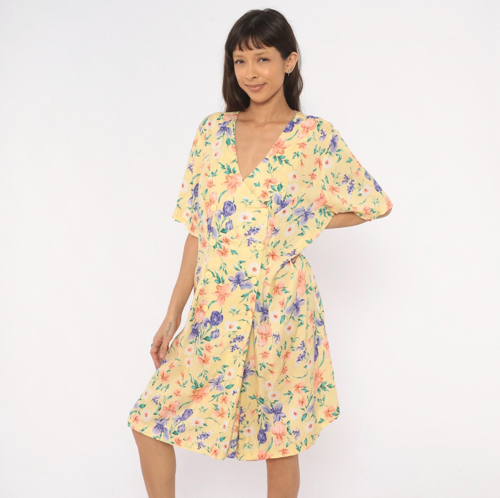 90s Jamie Brooke Floral Button Front Romper Yellow Garden Print Plus Size XXL