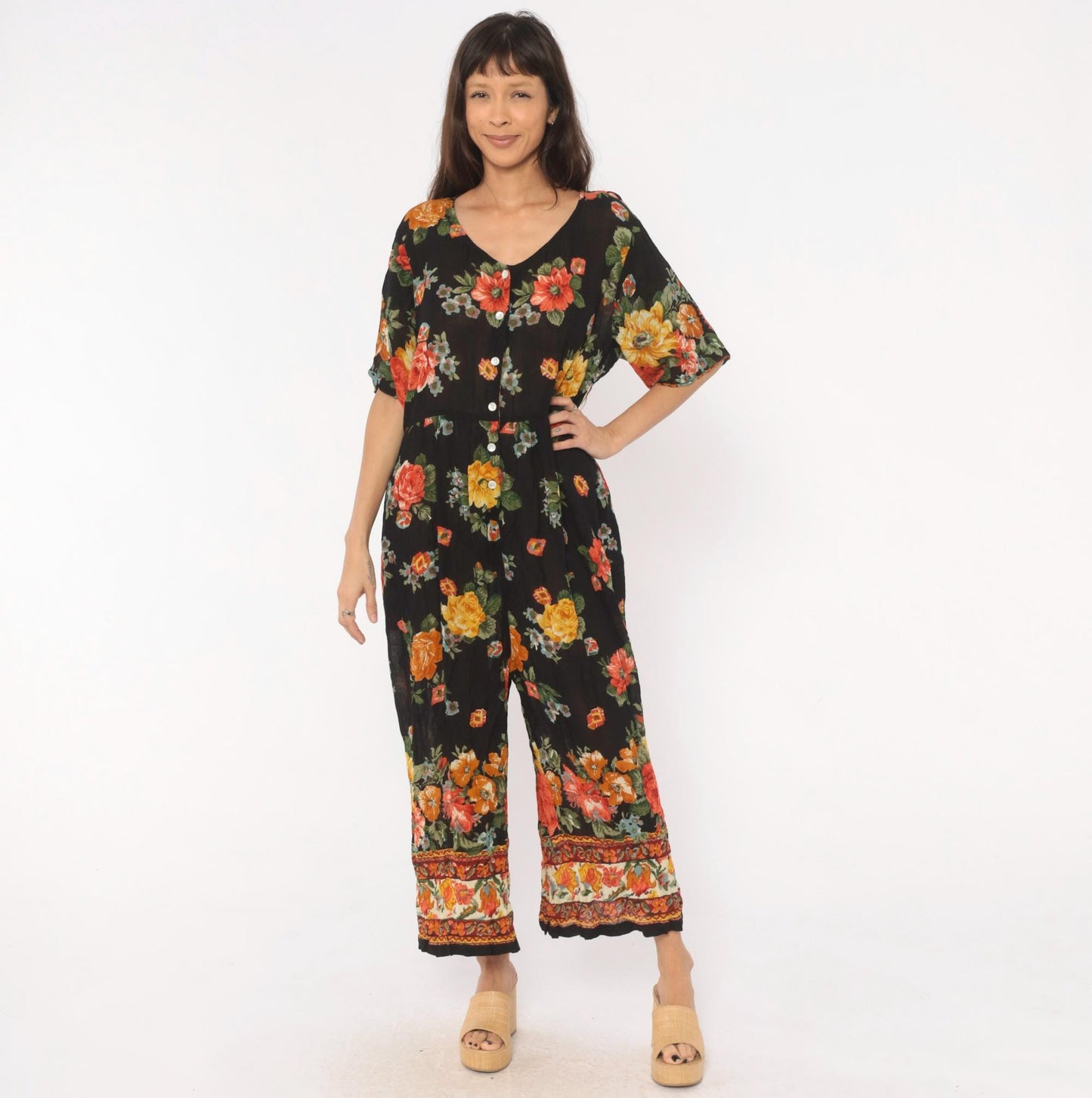 90s La Cera Floral Jumpsuit Black Rose Wide Leg V Neck Short Sleeve Extra Large XL