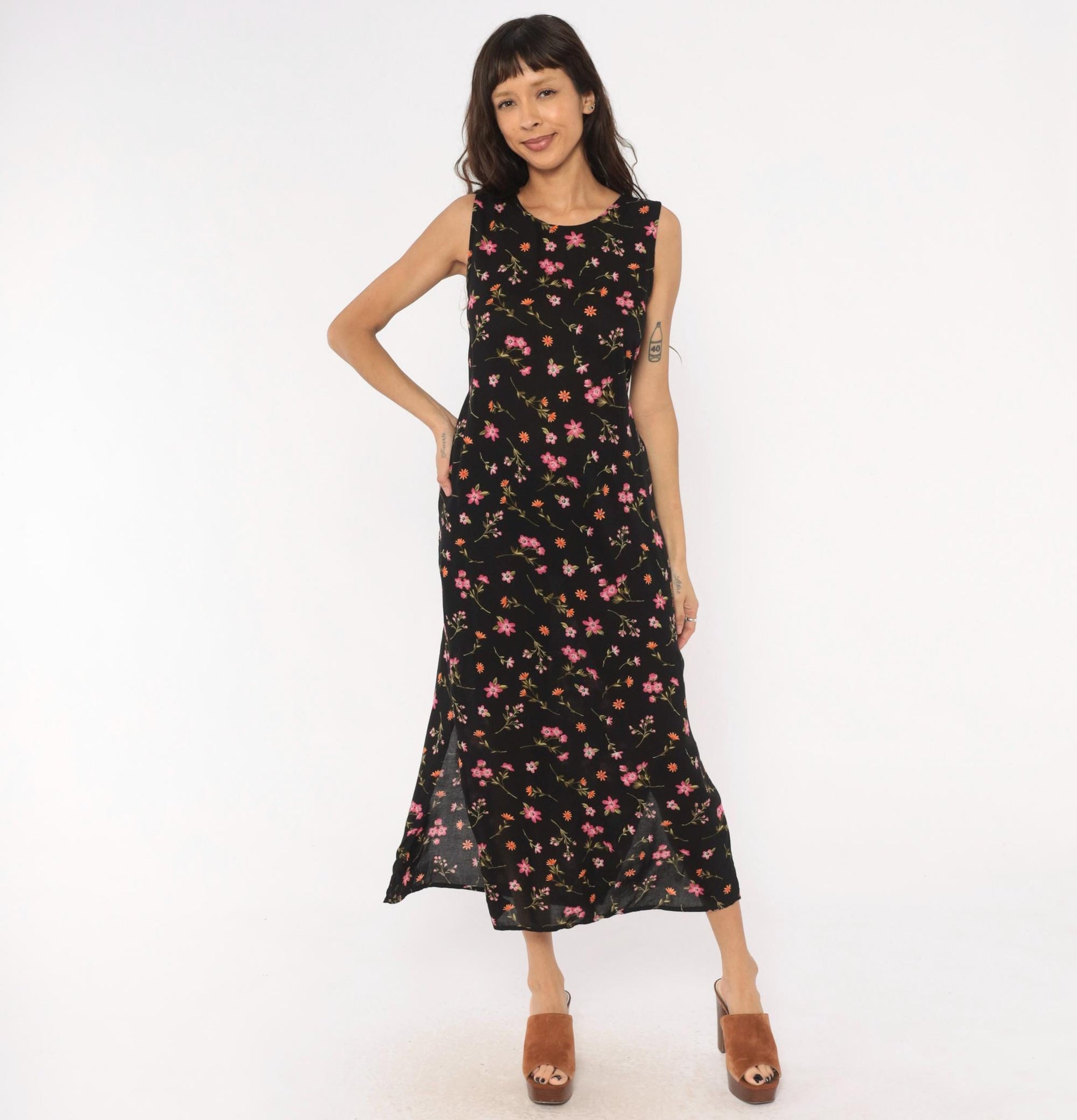 90s Casual Corner Annex Black Floral Maxi Dress Sleeveless Small