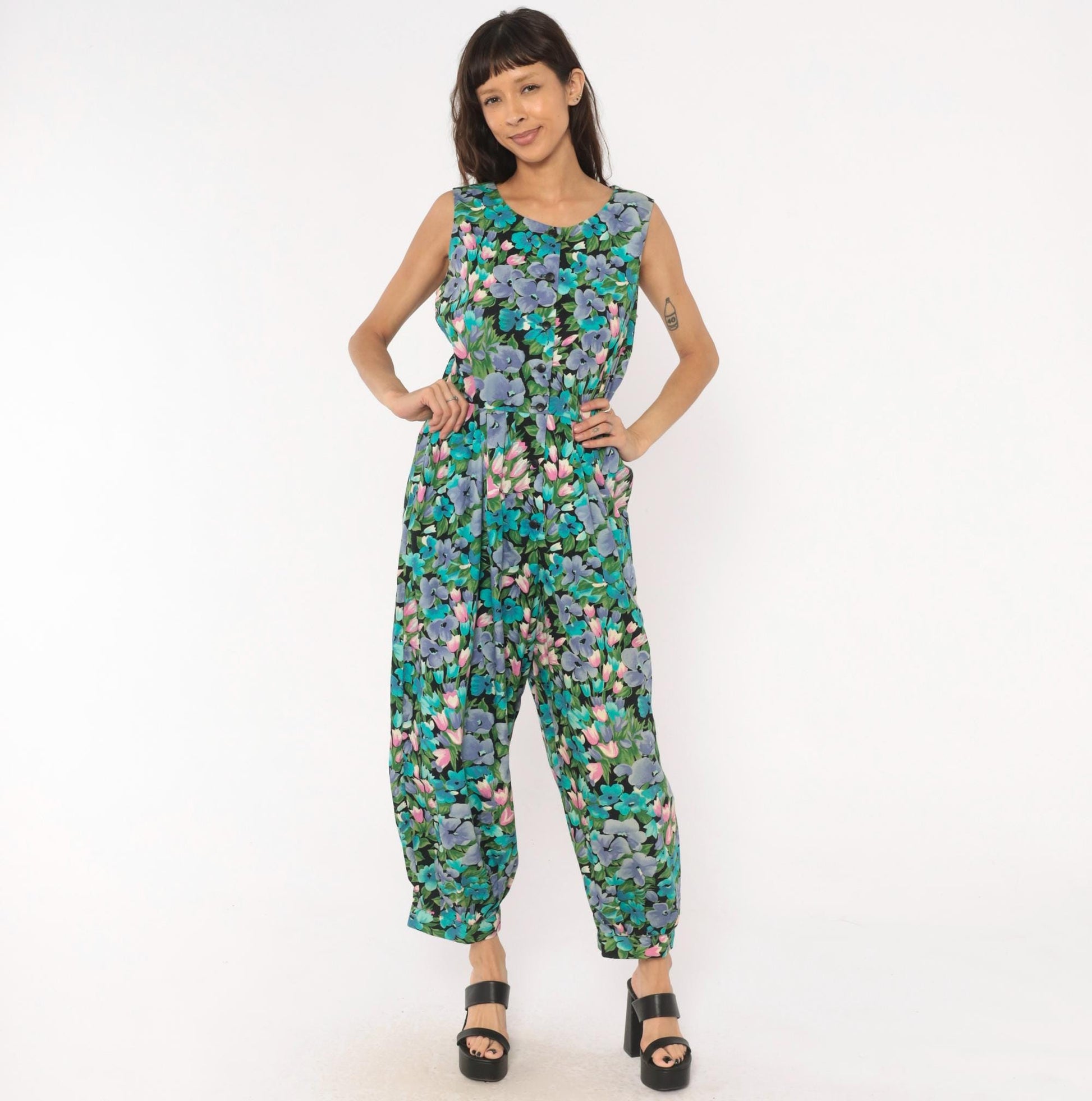 90s Maggie Breen Floral Jumpsuit Sleeveless Cotton Wide Leg Black Garden Print Medium