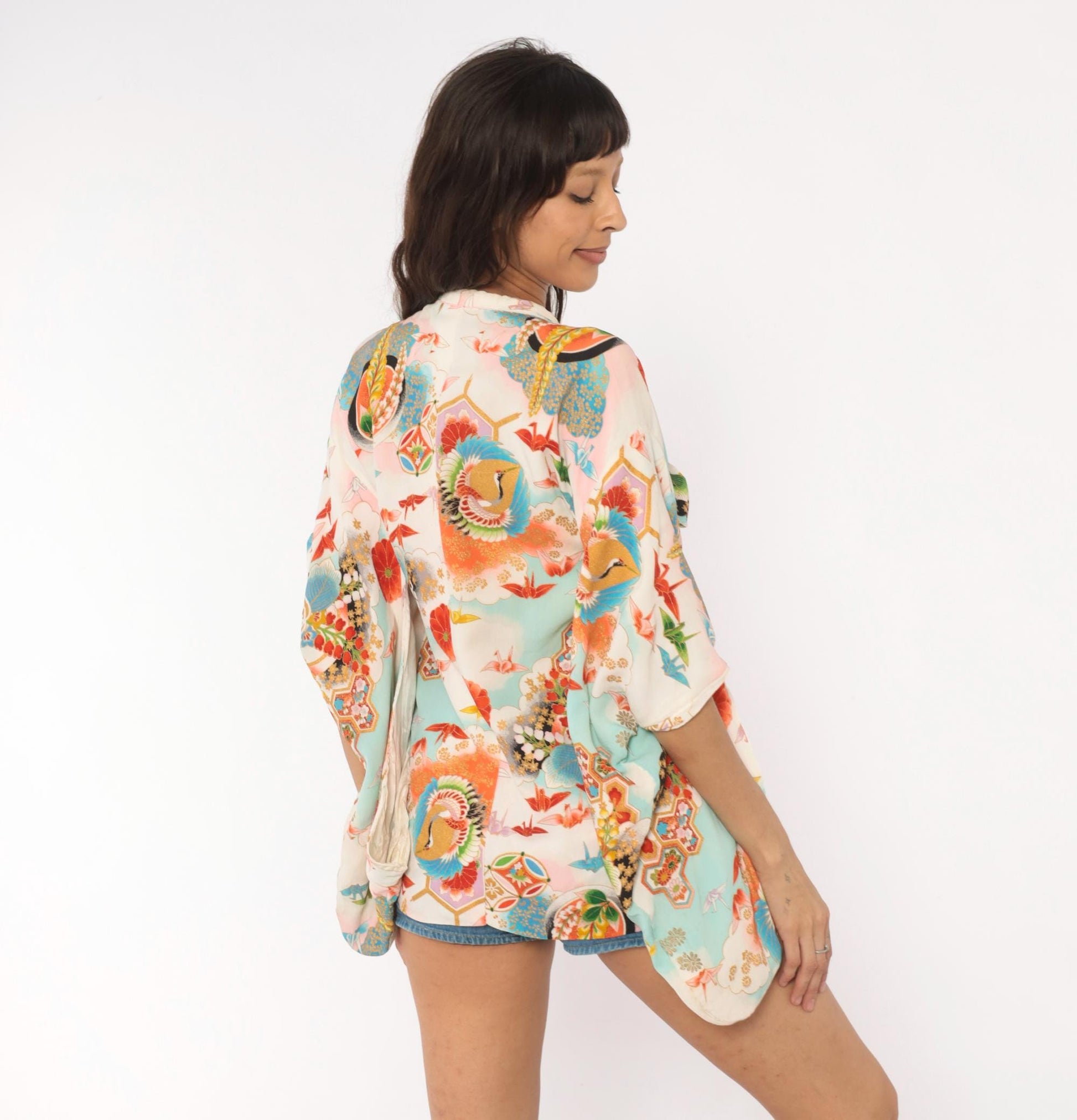 70s Japanese Kimono Jacket Origami Crane Floral Wrap Sky Blue Small S