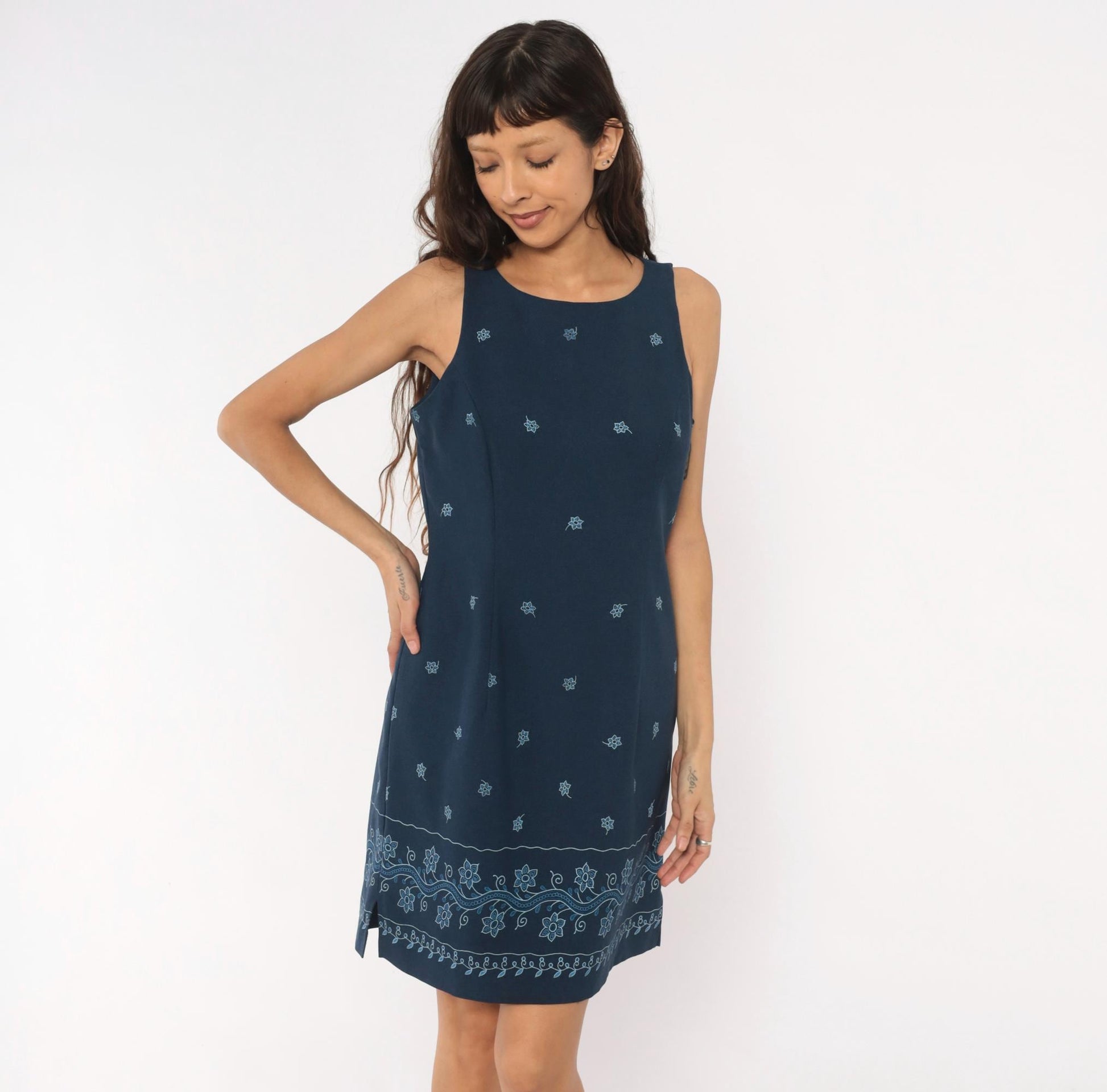 90s DBY Navy Shift Dress Embroidered Floral Border Sleeveless Medium M