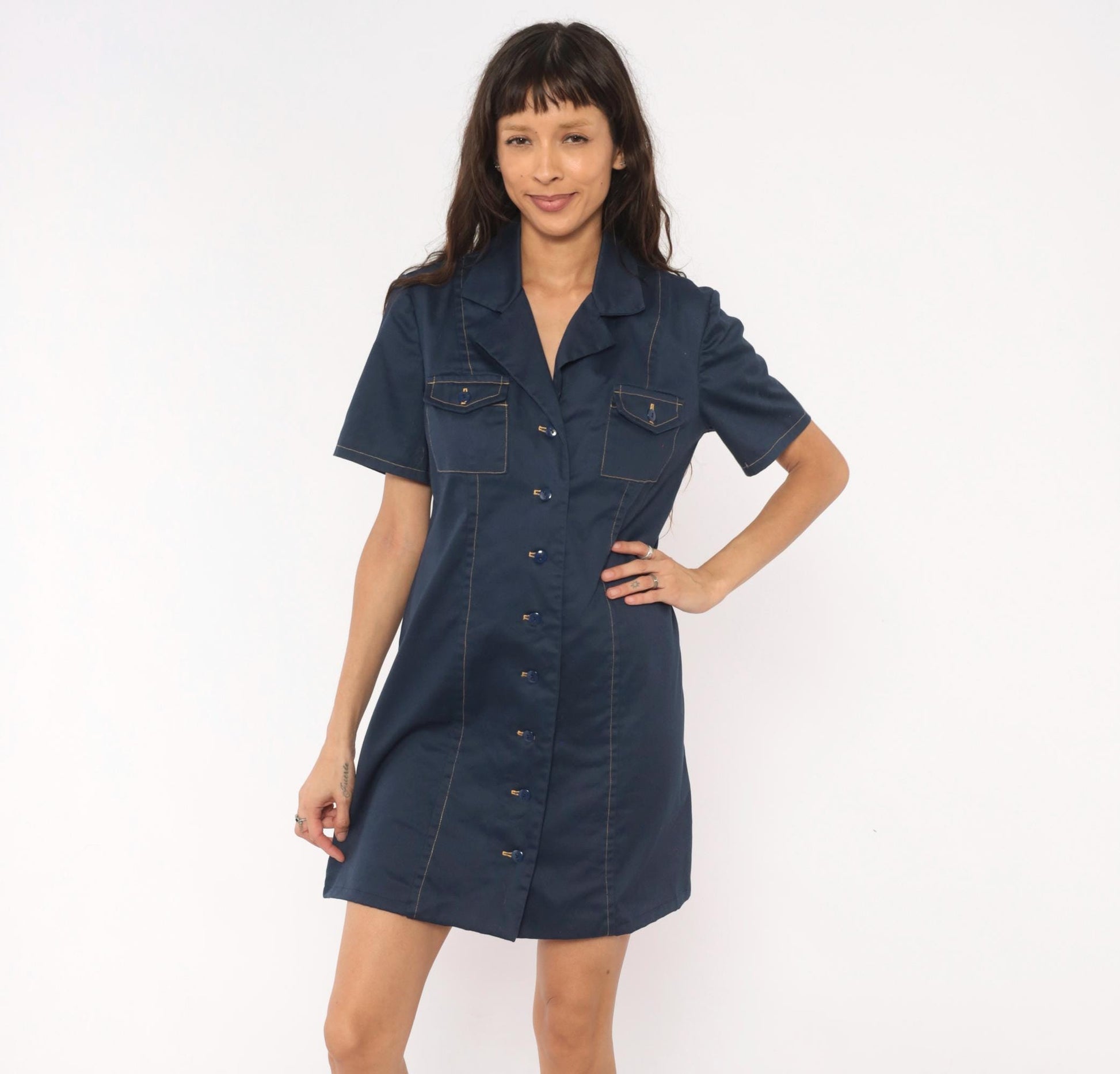 60s Navy Cotton Shirt Dress Button Front Notched Collar A-Line Medium M