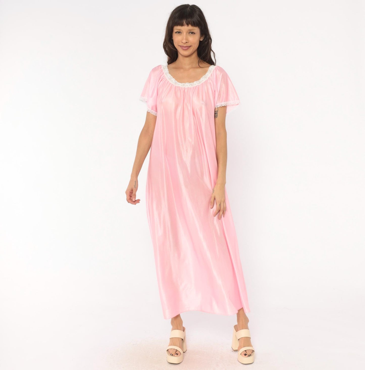 80s Private Moments Pink Maxi Nightgown Lace Trim Flutter Sleeve One Size
