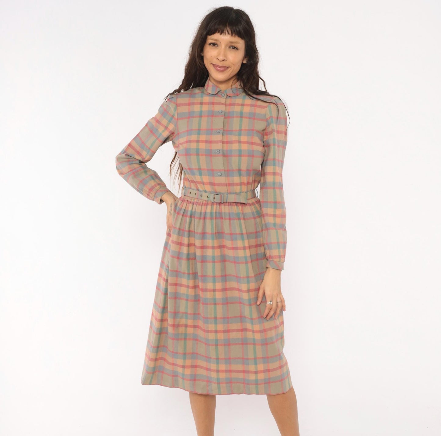 80s St. Maxime Plaid Shirtdress Peter Pan Collar Pastel Pink Blue Tan Medium