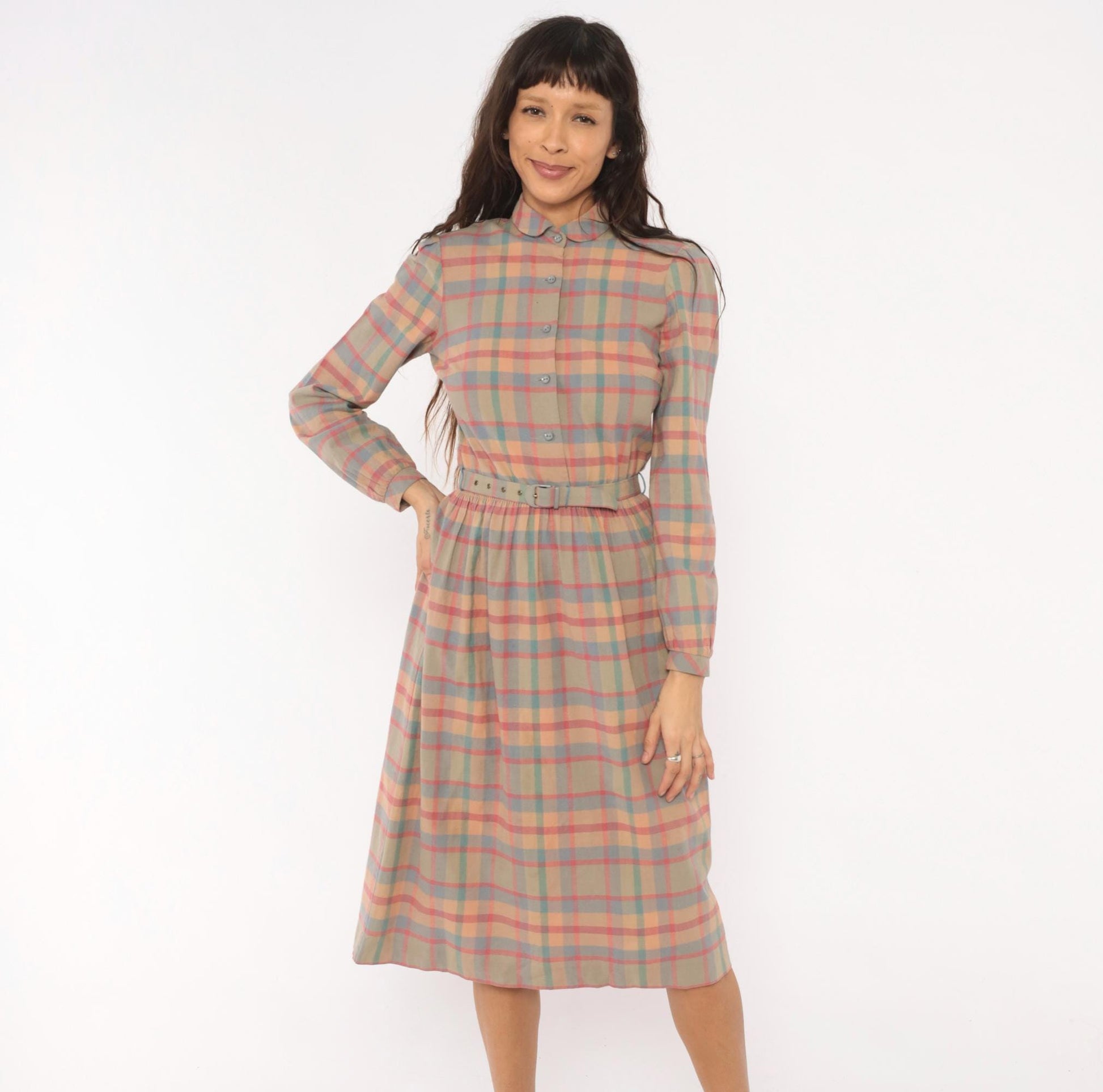 80s St. Maxime Plaid Shirtdress Peter Pan Collar Pastel Pink Blue Tan Medium