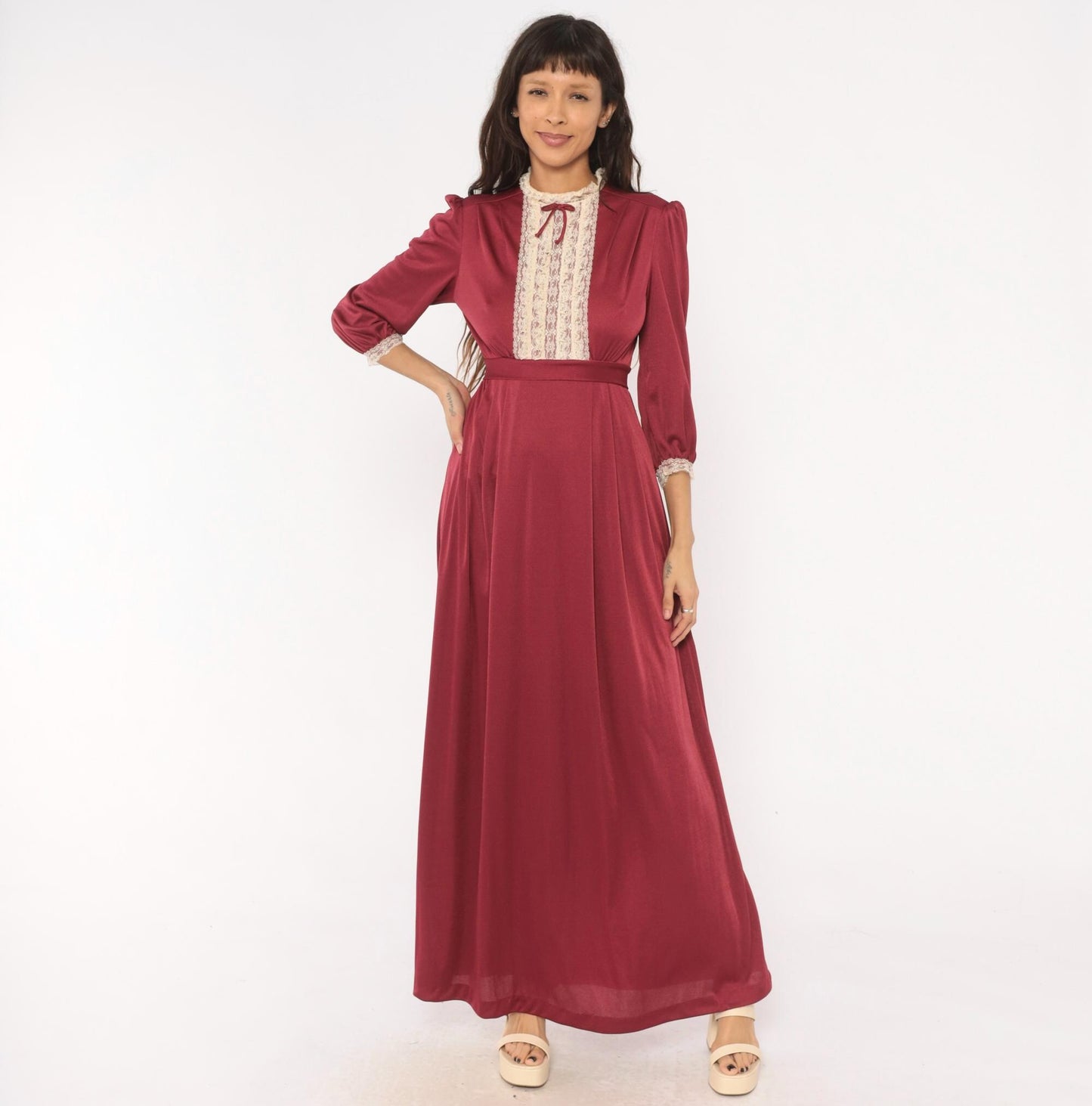 70s Burgundy Lace Bib Maxi Dress Puff Sleeve High Neck Ribbon Bow Extra Small