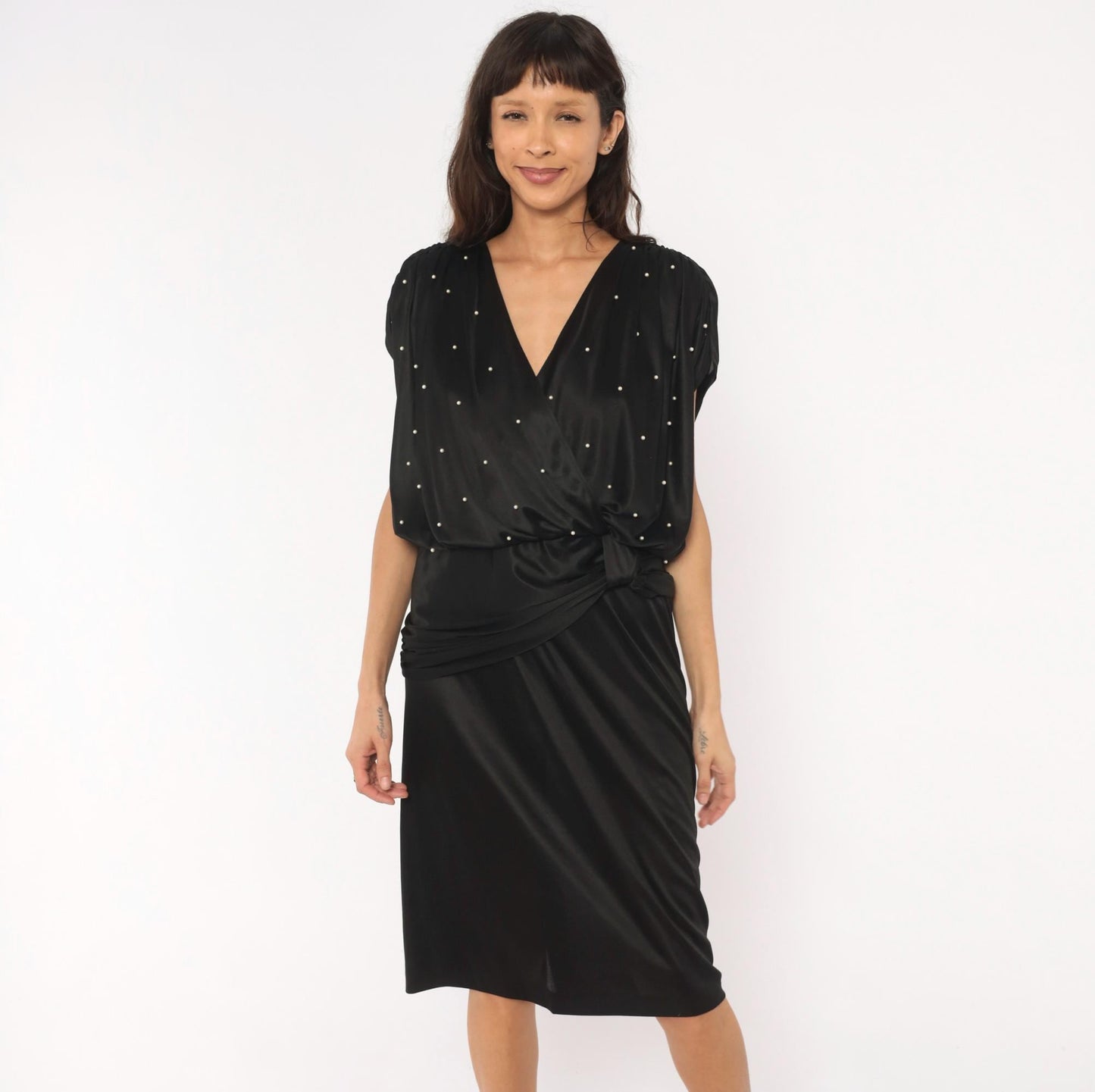 90s Jenny Black Pearl Studded Wrap Dress V Neck Knee Length Medium M