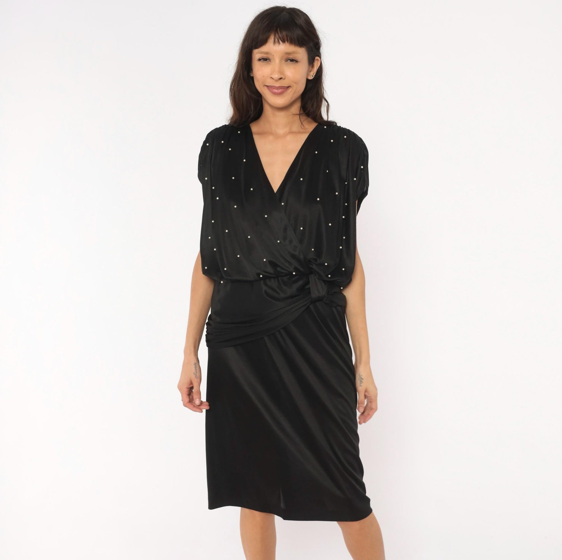 90s Jenny Black Pearl Studded Wrap Dress V Neck Knee Length Medium M