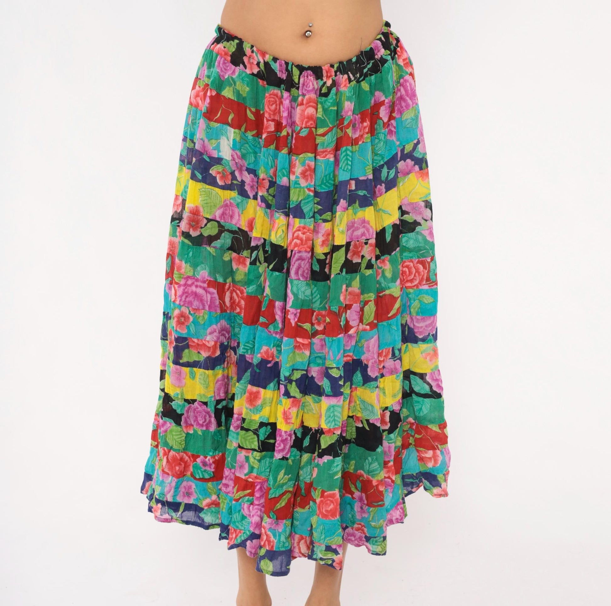 90s Sportique Patchwork Tiered Skirt Floral Rose Cotton Gauze Small
