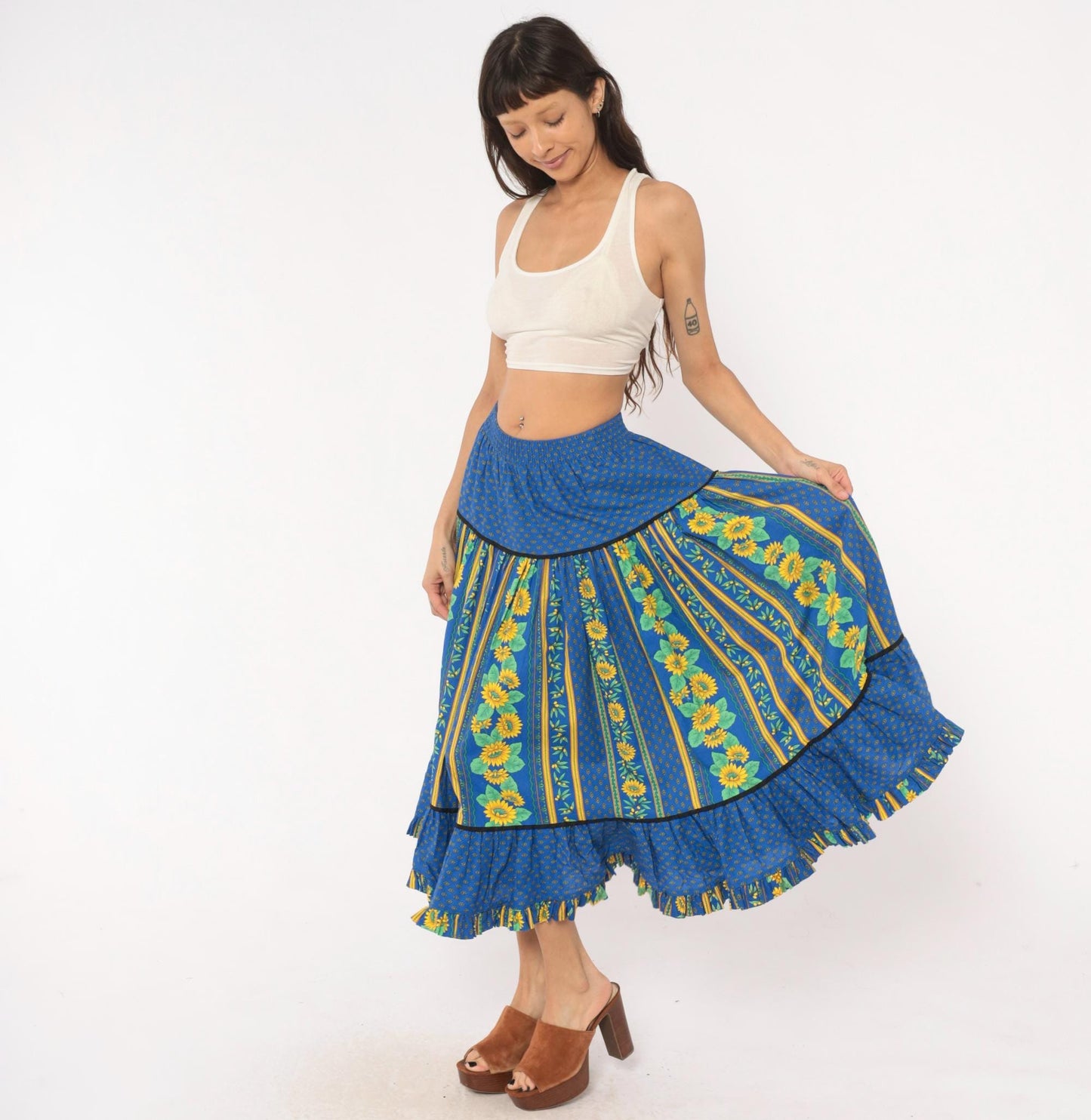90s Solymod Sunflower Tiered Midi Skirt Blue Cotton Ruffle Small
