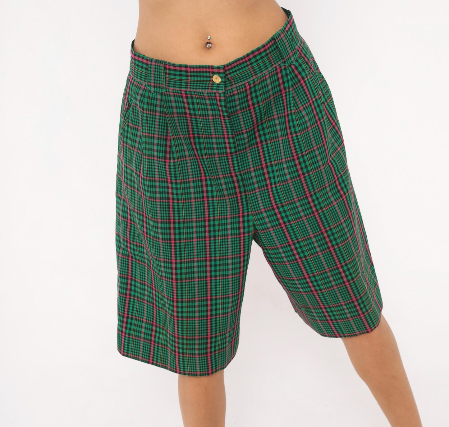 90s Green Plaid Bermuda Shorts High Rise Pleated Tartan Pink Preppy Medium