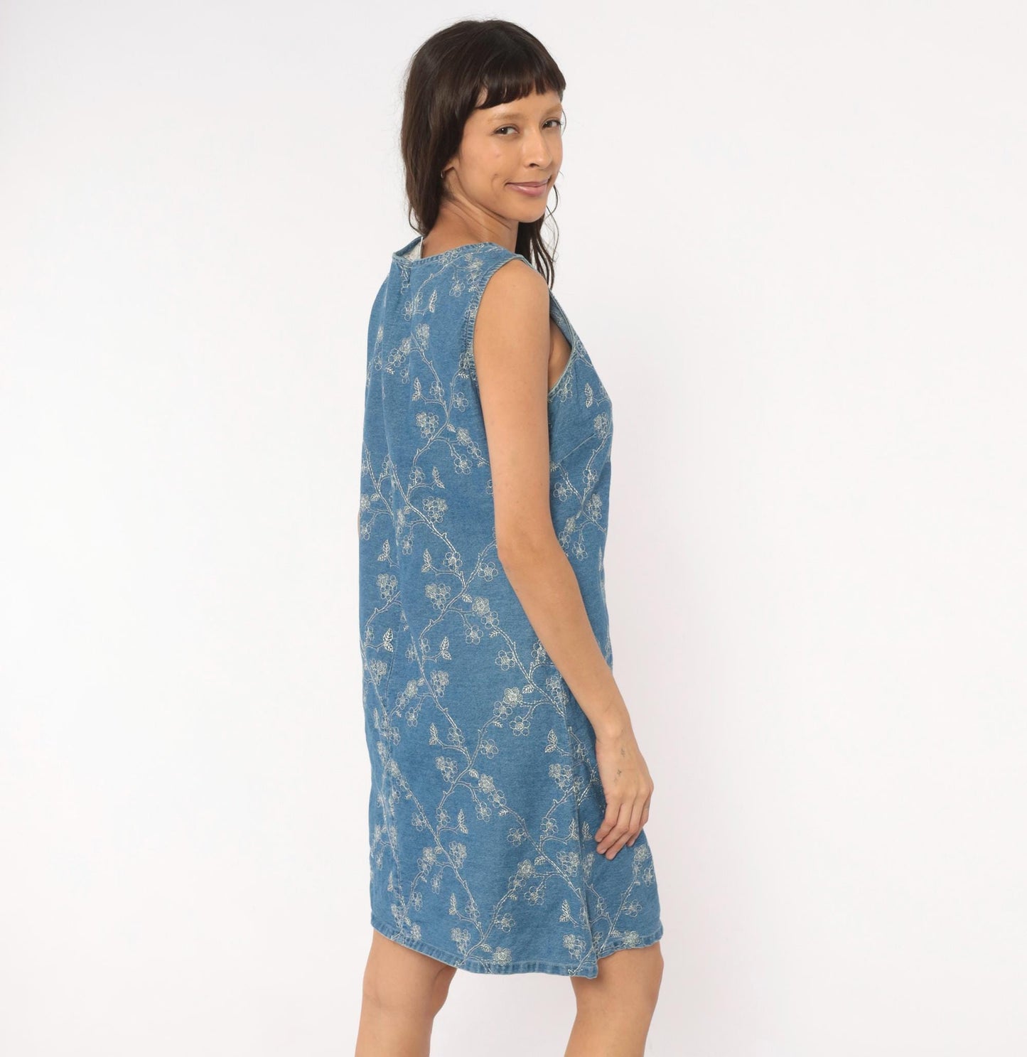90s Vision Apparel Denim Dress Floral Embroidered Blue Sleeveless Large L