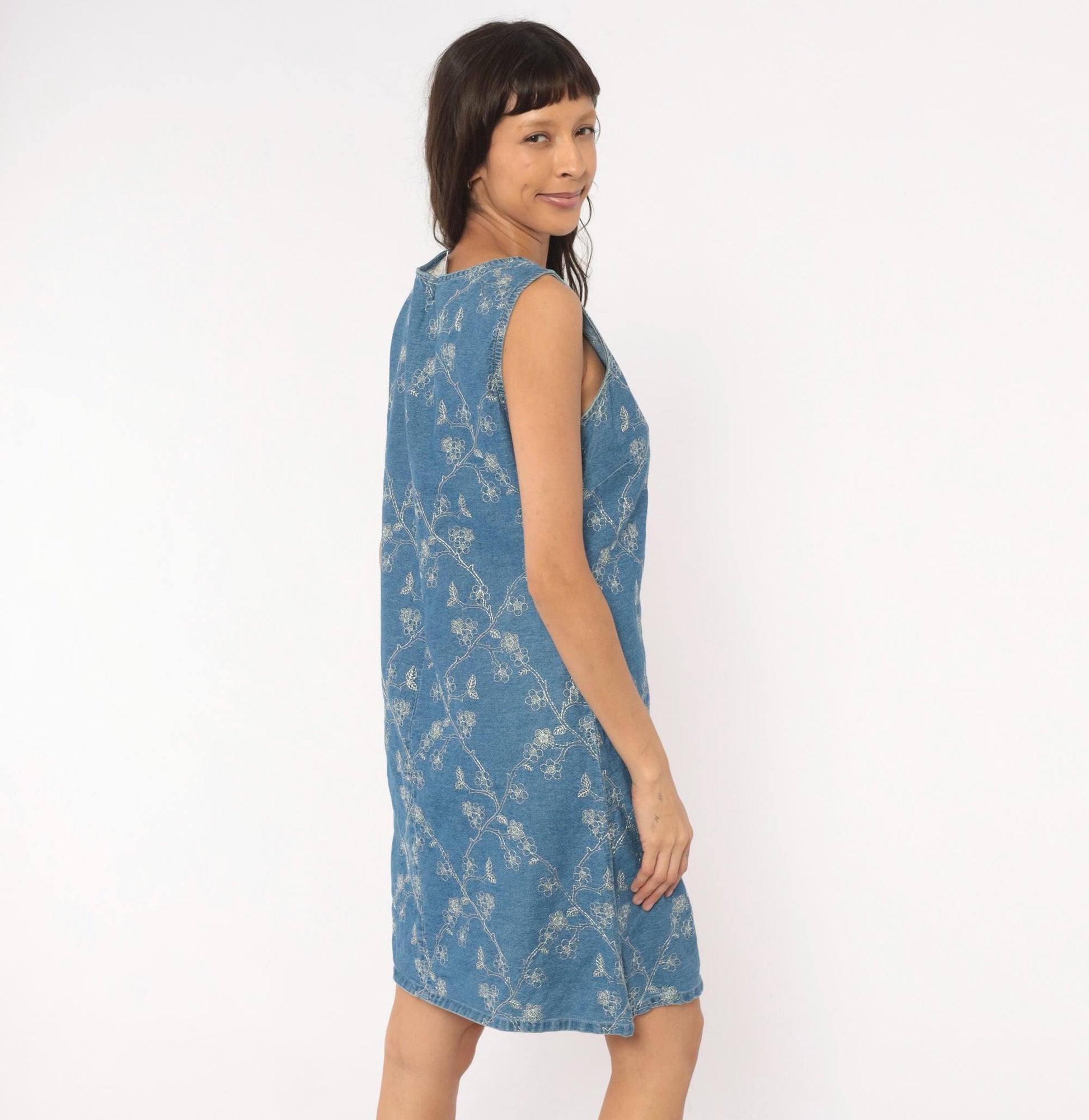 90s Vision Apparel Denim Dress Floral Embroidered Blue Sleeveless Large L