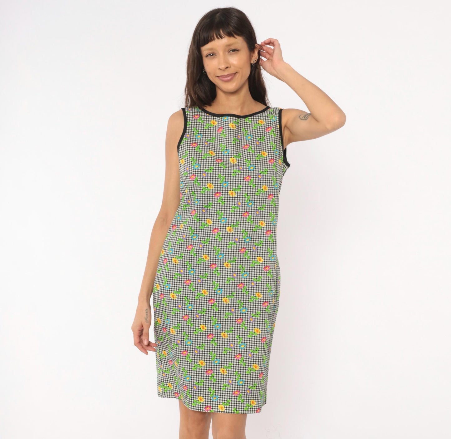 90s Misty Lane Gingham Daisy Shift Dress Cotton Black White Small