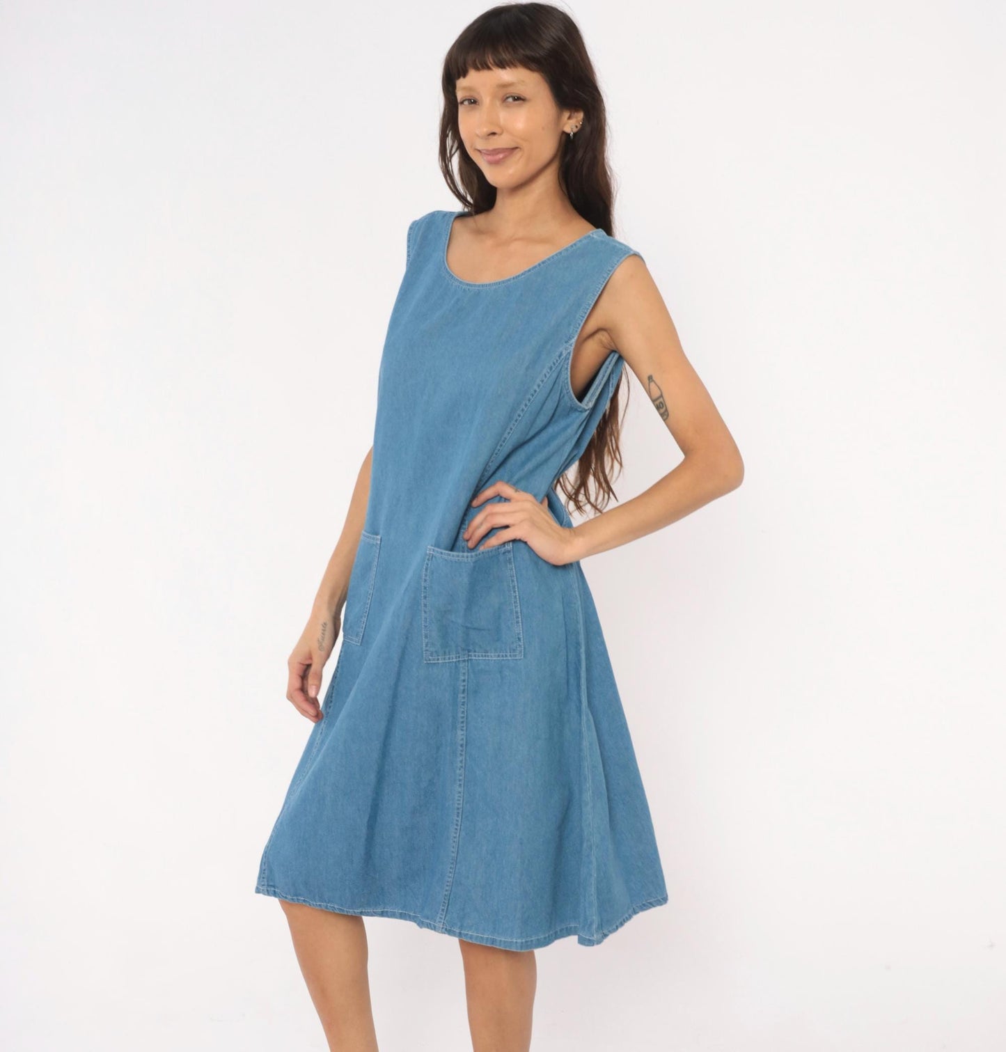 90s Denim Jazz Jumper Dress Sleeveless Scoop Neck Blue Shift Large L