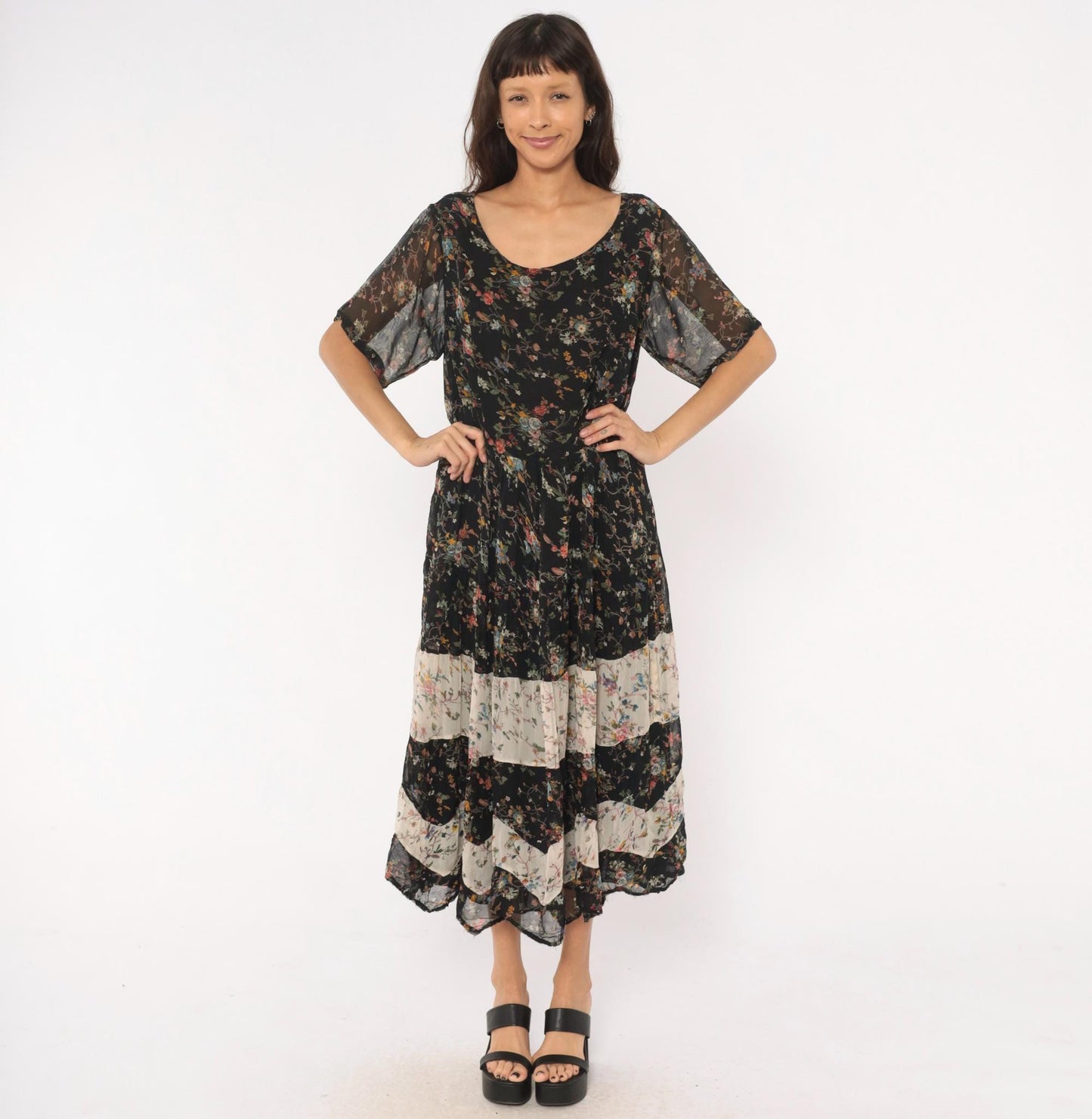 90s Bila Black Floral Maxi Dress Tiered Patchwork Short Sleeve Large L