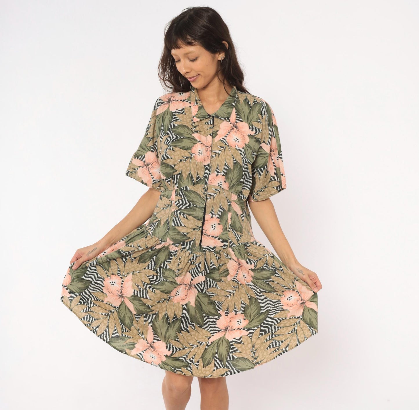 90s Tropical Hibiscus Shirt Dress Floral Print Drop Waist Snap Front Large L