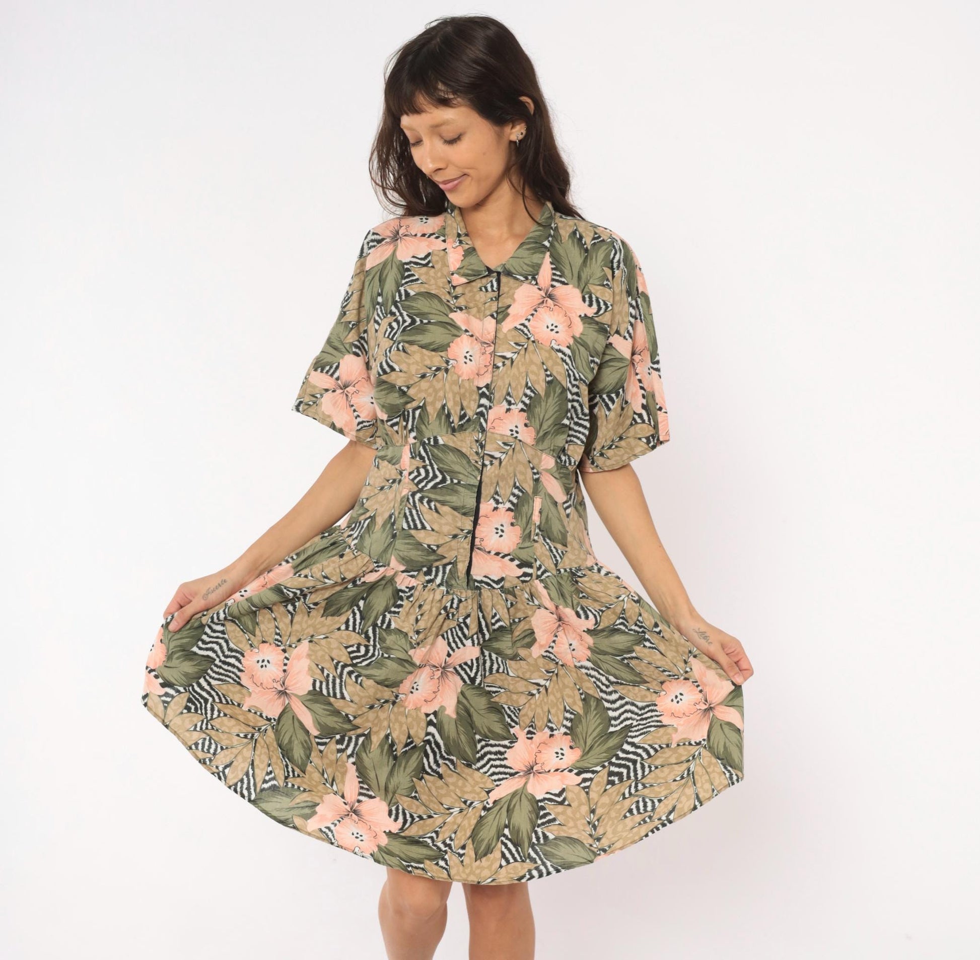 90s Tropical Hibiscus Shirt Dress Floral Print Drop Waist Snap Front Large L
