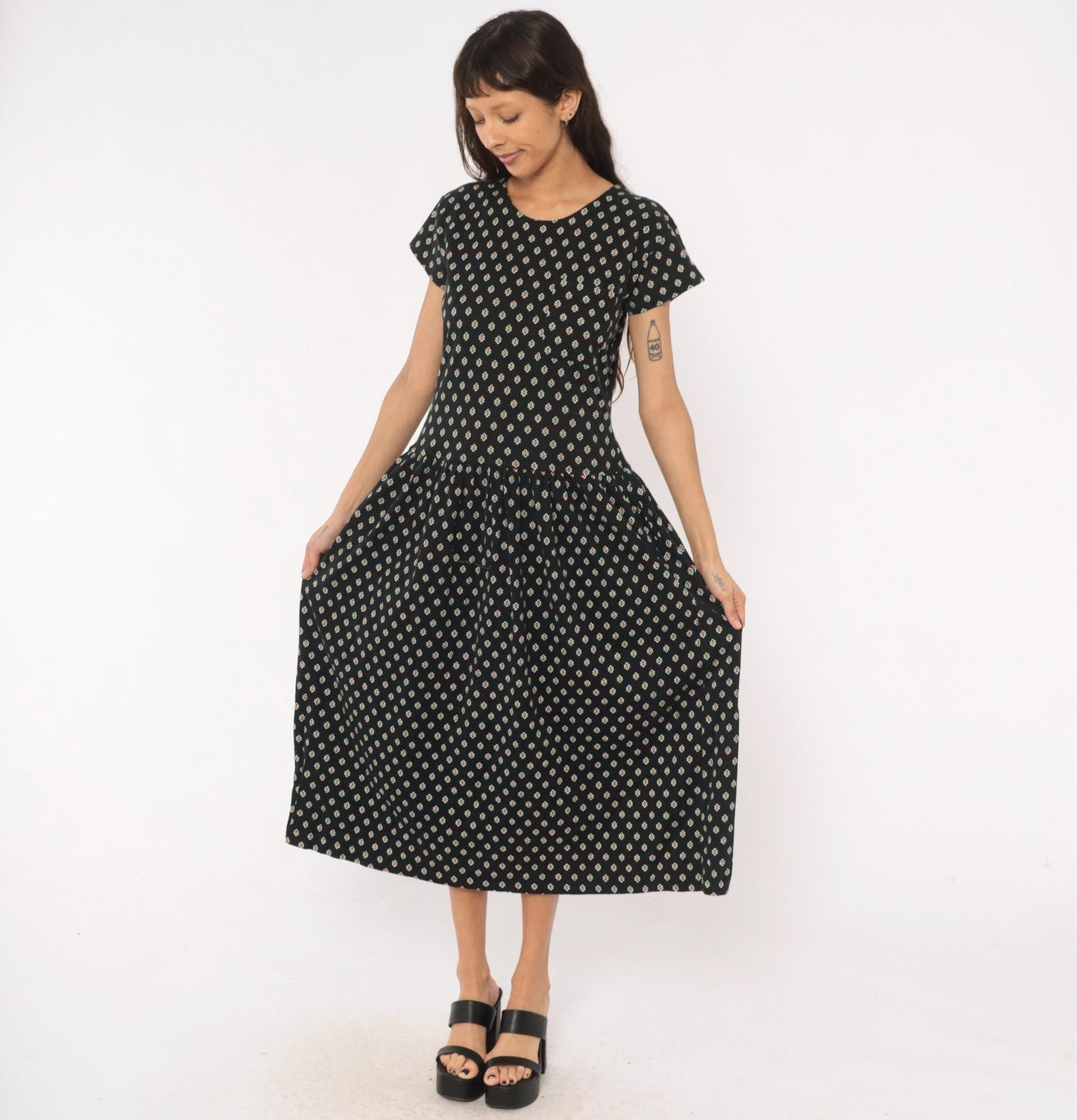 90s LizSport Foulard Print Midi Dress Black Cotton Short Sleeve Medium M