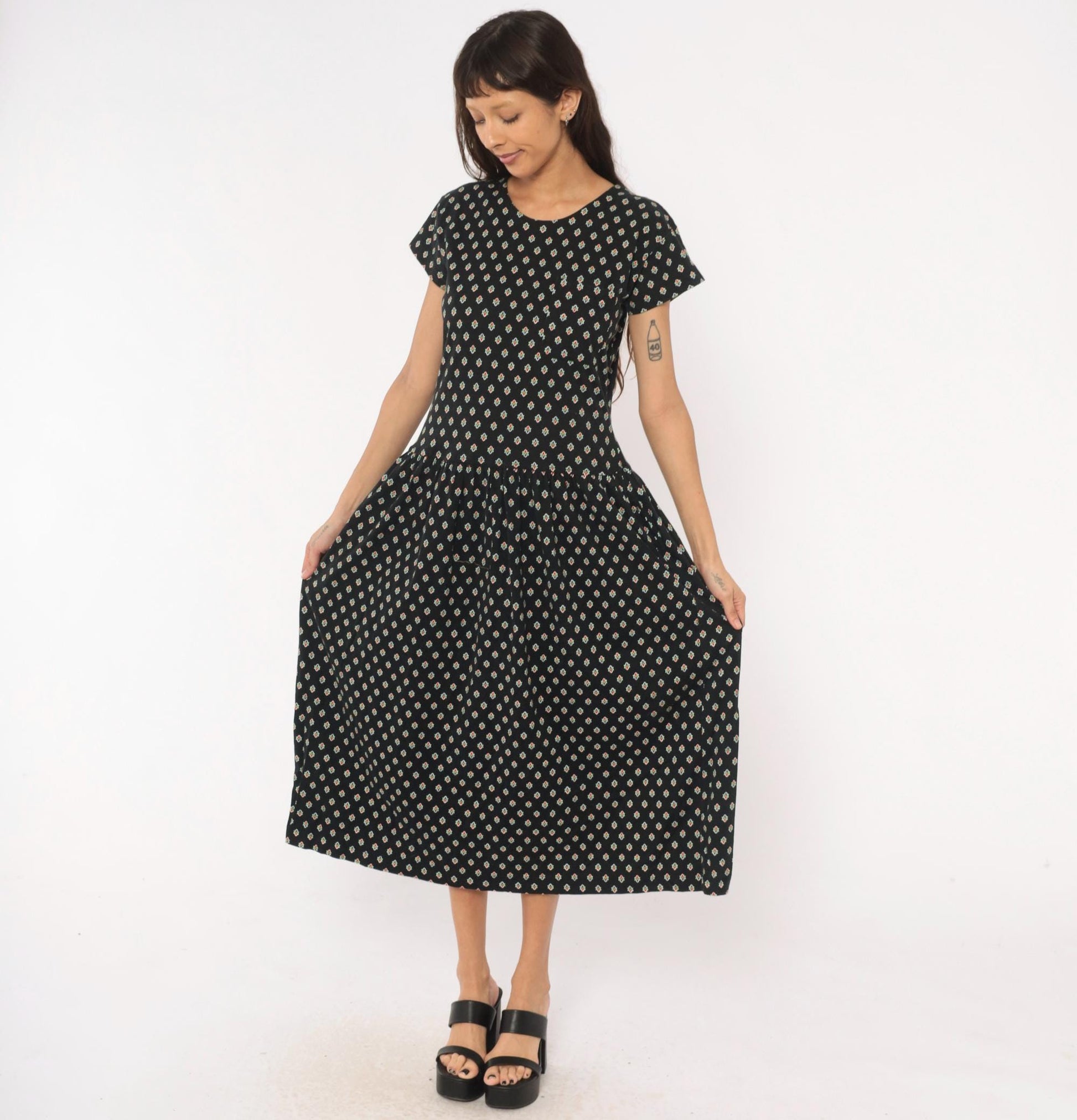 90s LizSport Foulard Print Midi Dress Black Cotton Short Sleeve Medium M