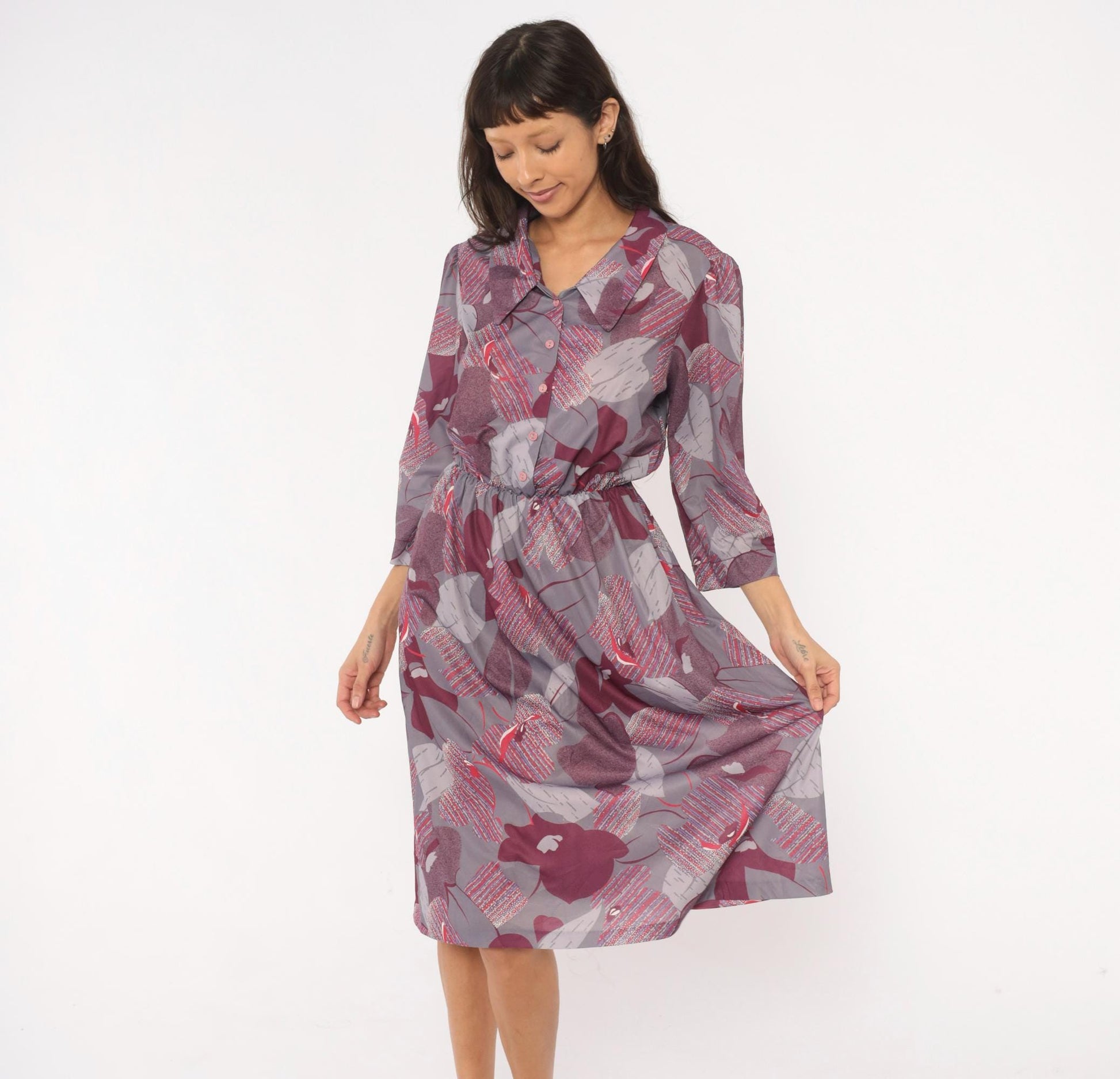 70s Abstract Leaf Floral Button Front Dress Grey Burgundy Knee-Length Medium M