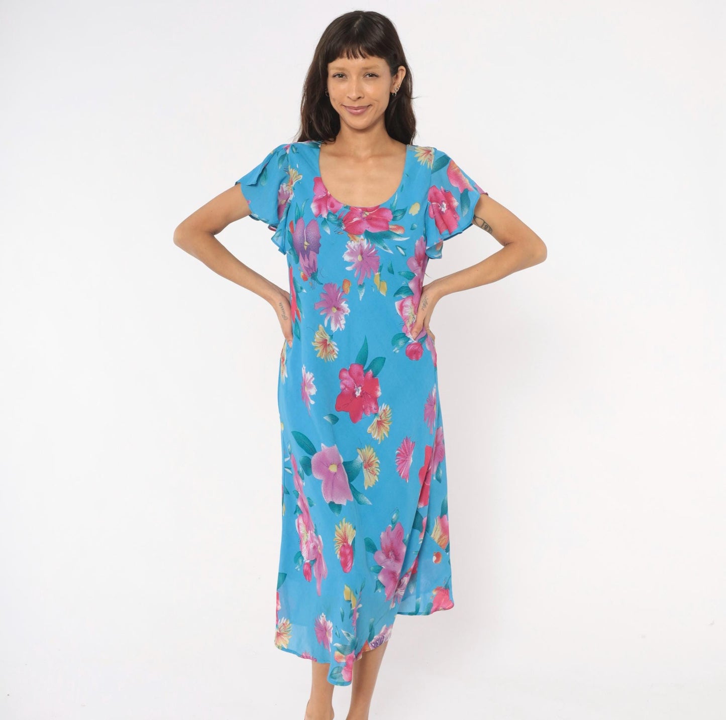 90s Southern Expressions Floral Midi Dress Sky Blue Flutter Sleeve Extra Large