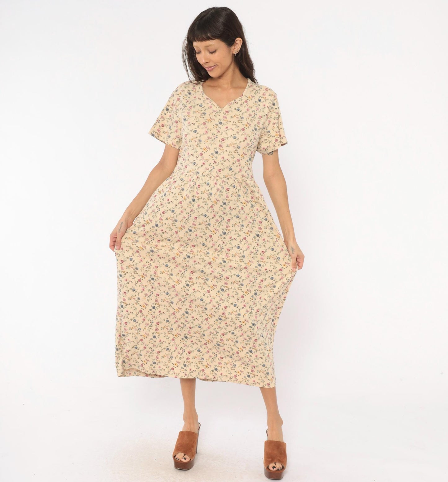 90s Blair Ditsy Floral Maxi Dress Cream Cotton Prairie V-Neck Medium Petite