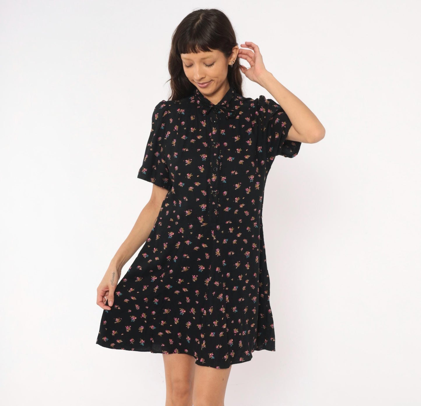 80s Belle France Ditsy Floral Babydoll Mini Dress Black Puff Sleeve Medium