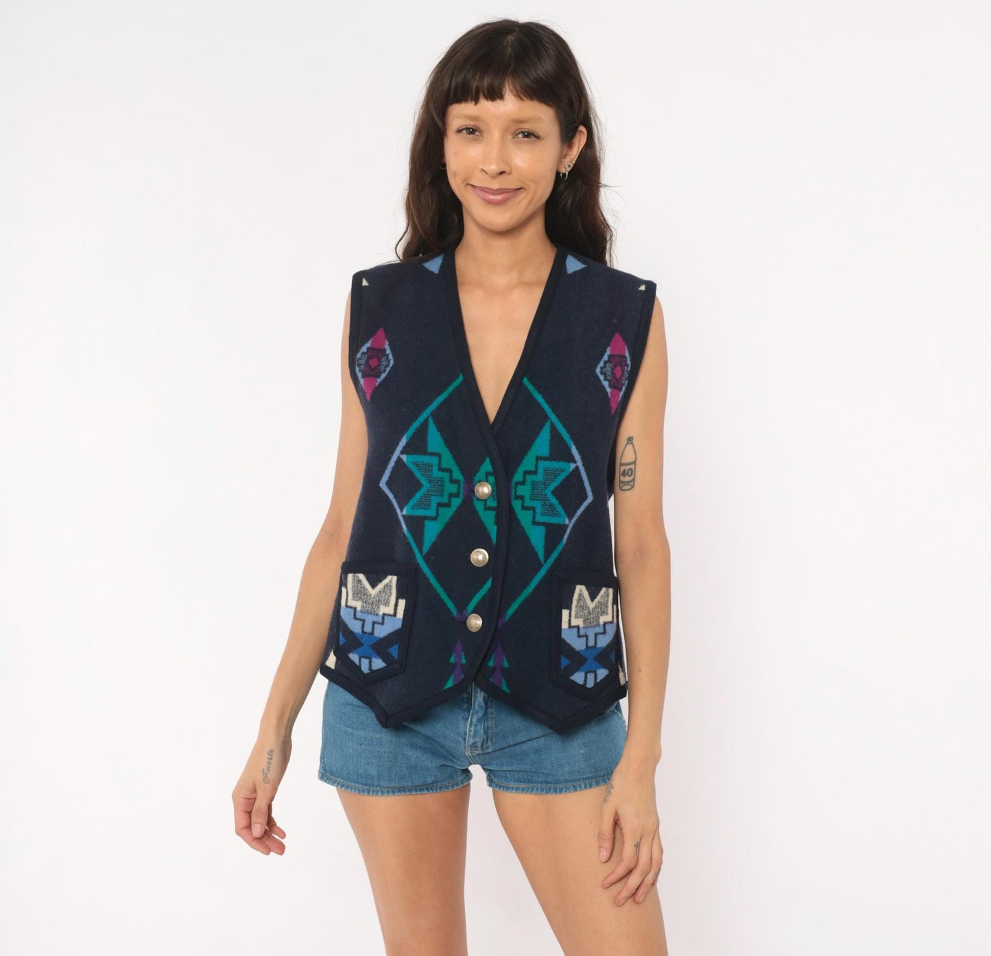 90s Southwestern Wool Vest Navy Geometric Aztec Concho Buttons Large L