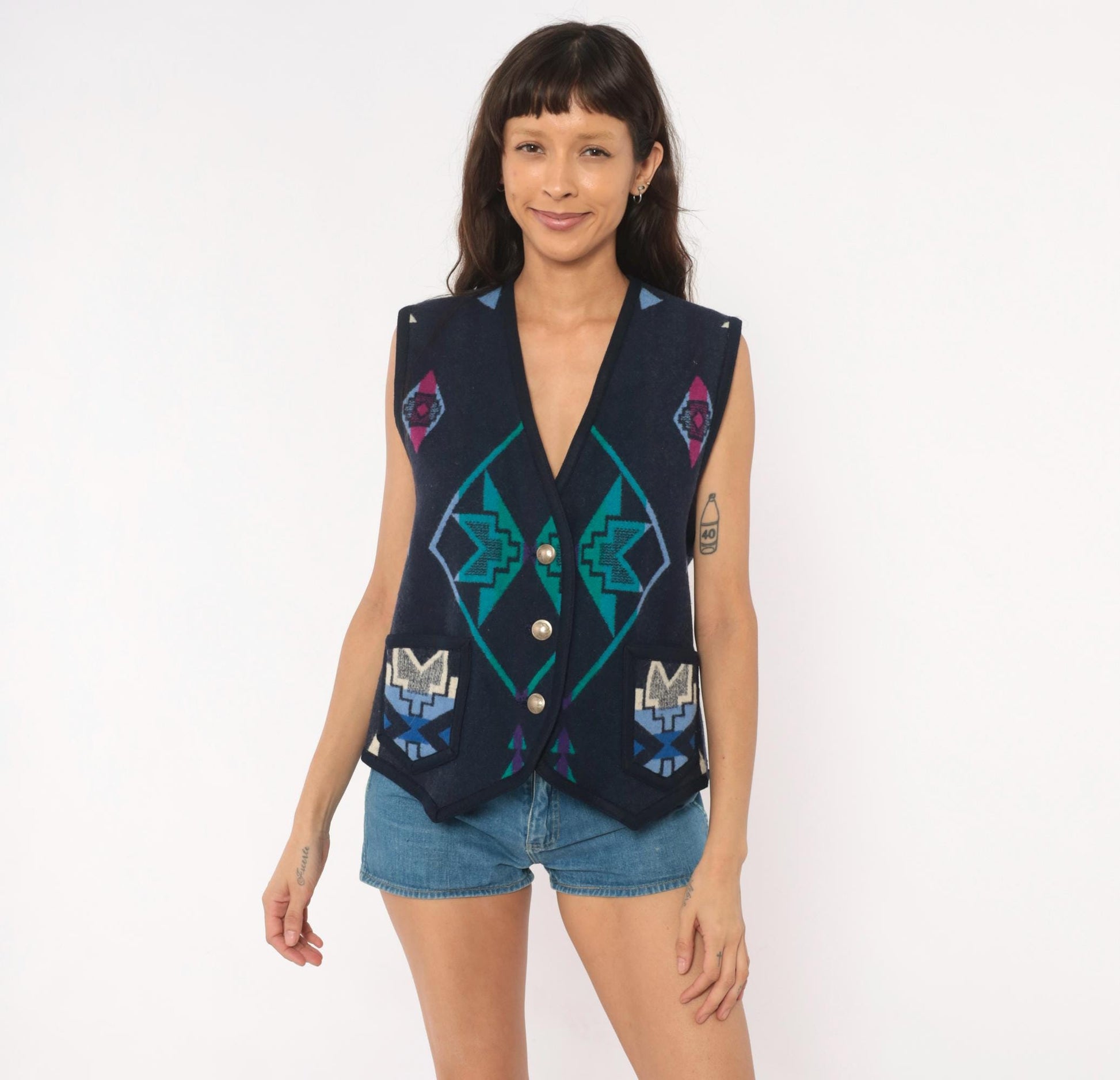 90s Southwestern Wool Vest Navy Geometric Aztec Concho Buttons Large L