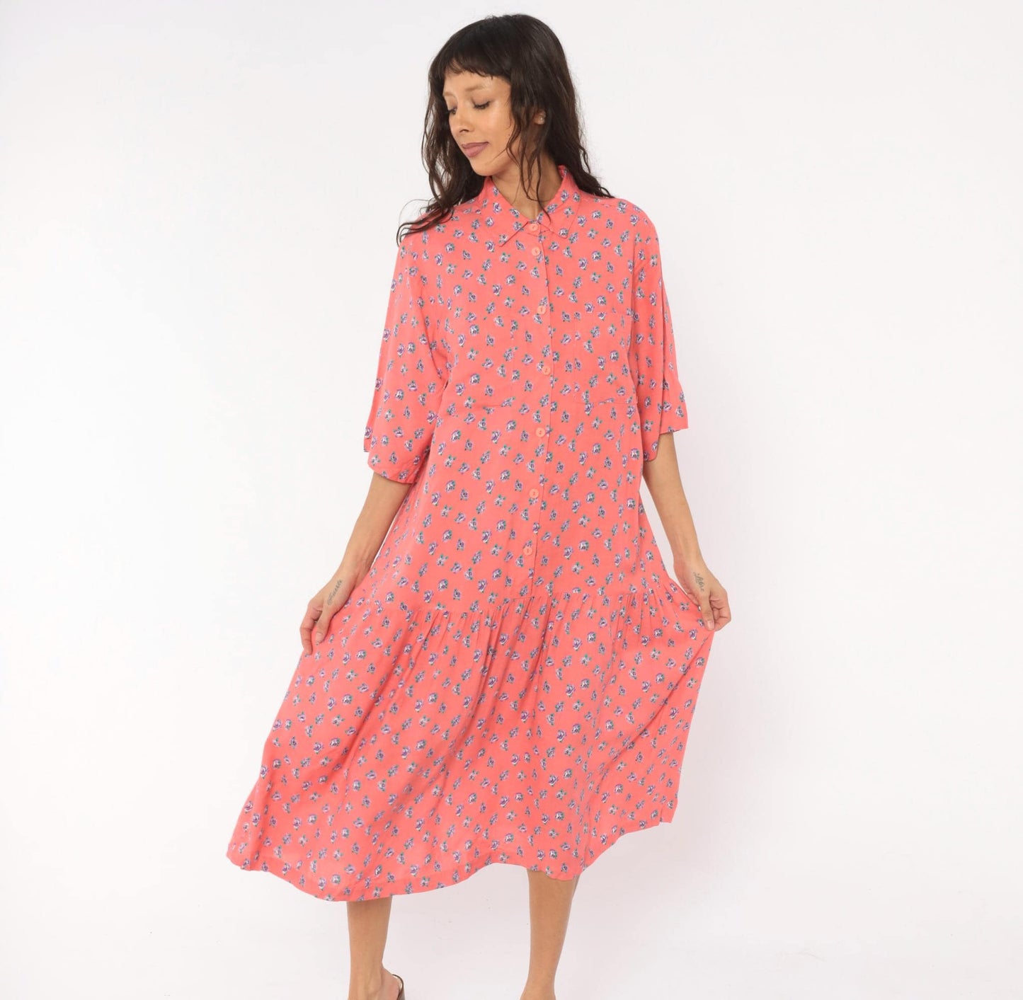 90s Mothercare Maternity Coral Rose Print Midi Dress Button Front Large L