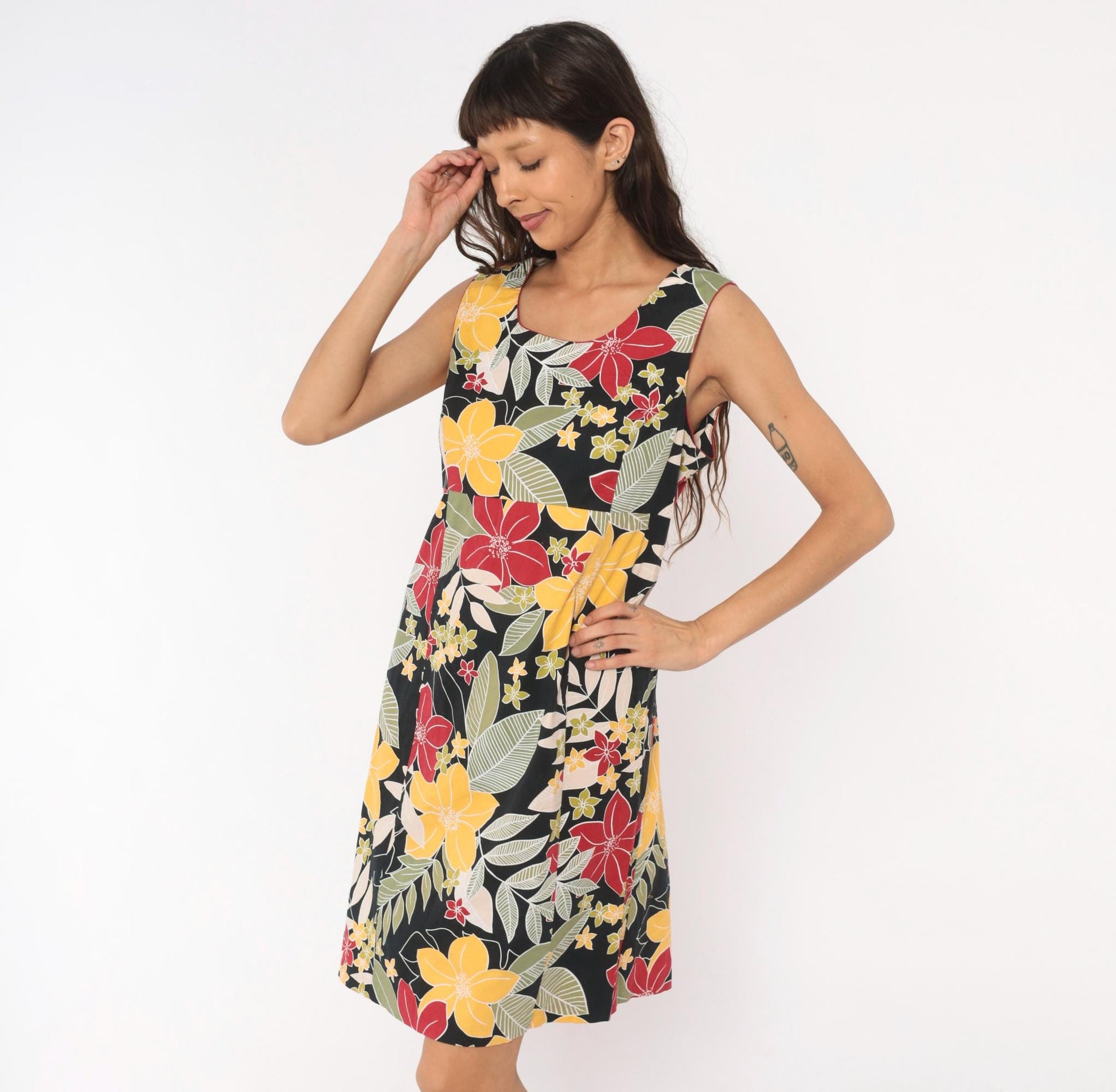 Y2K Erika Dresses Tropical Floral Sundress Black Red Yellow Knee-Length Large L