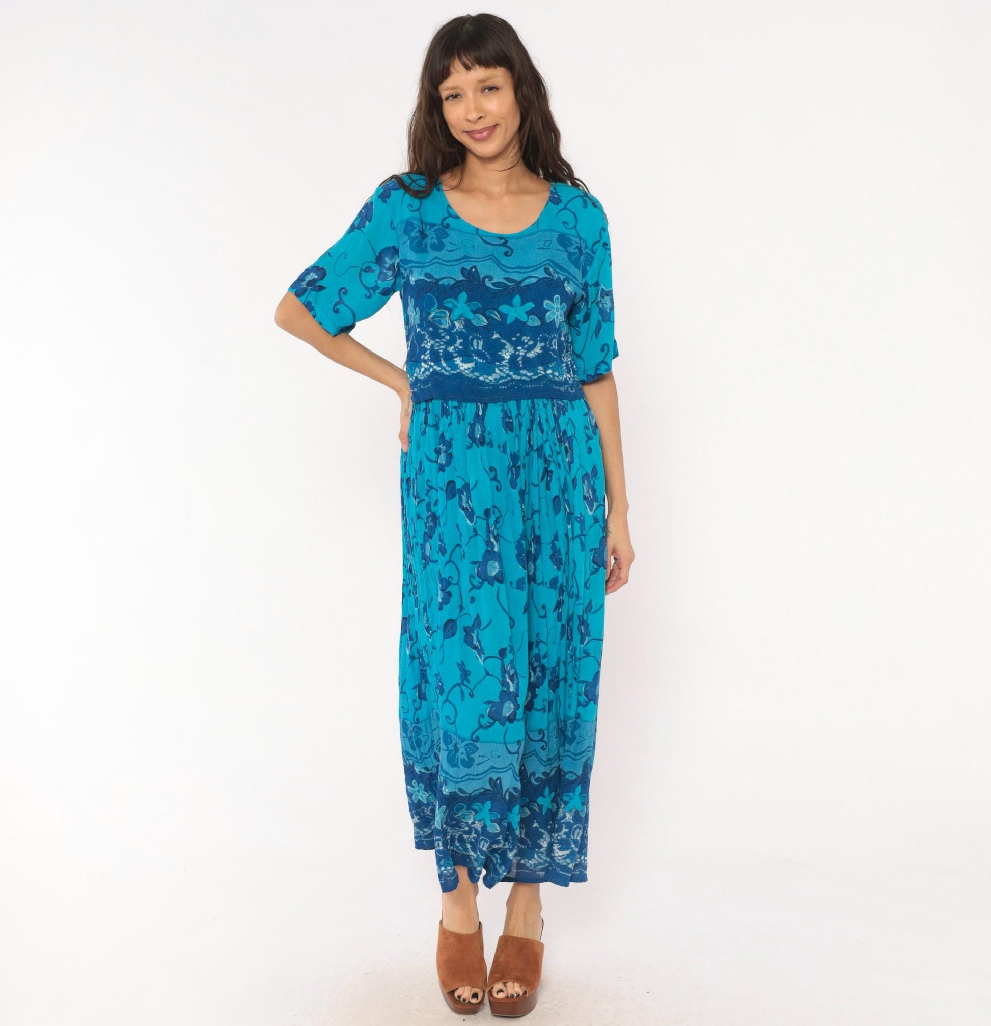 90s Style Teal Floral Maxi Dress Short Sleeve Vine Print Blue Medium M