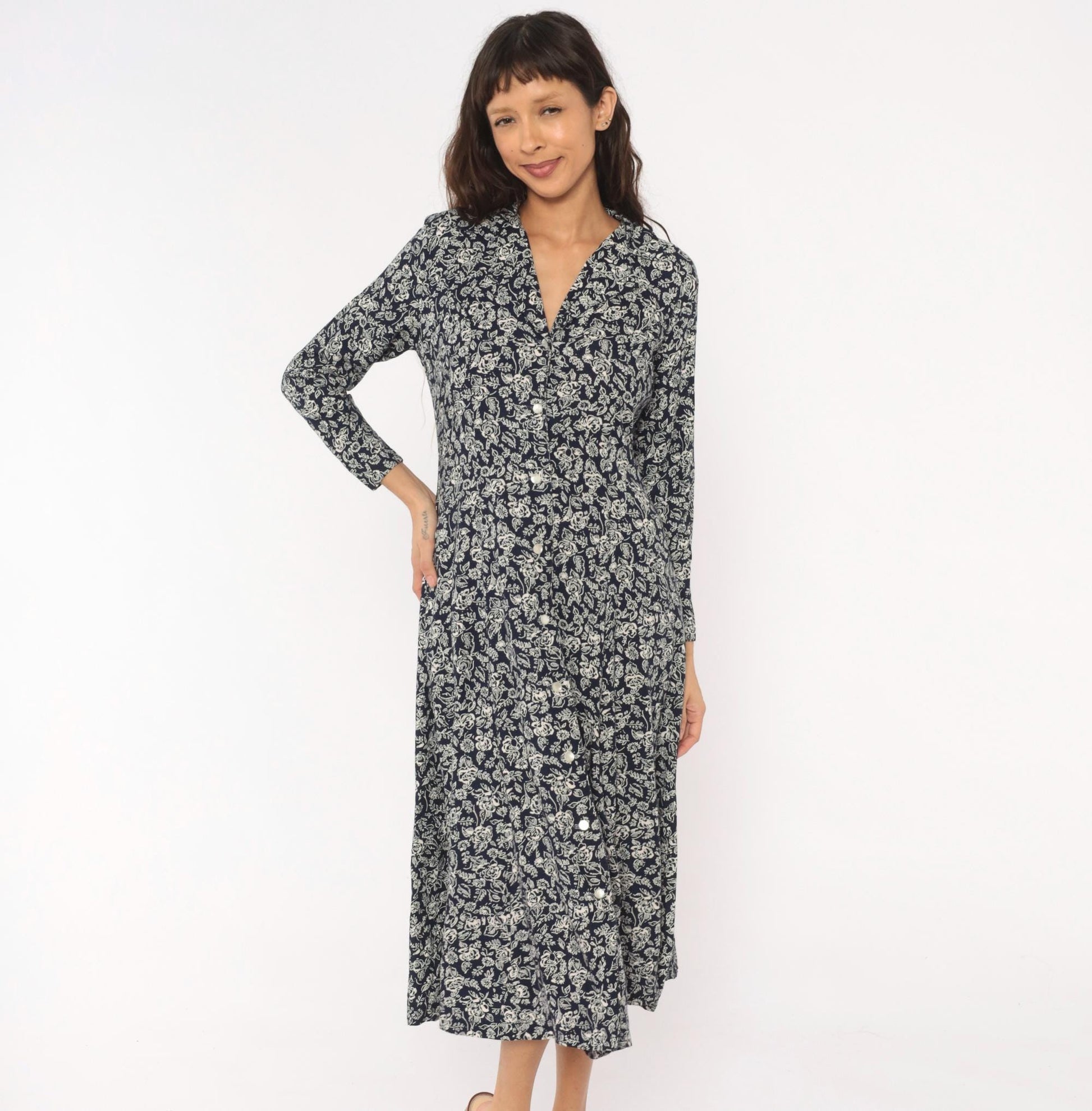90s Two Twenty Floral Button Front Midi Dress Navy Cream Rose Print Medium M