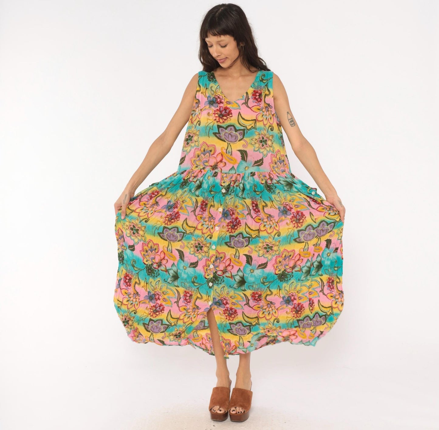 Y2K Bila Floral Maxi Dress Sleeveless V-Neck Tiered Pink Teal Yellow Medium M
