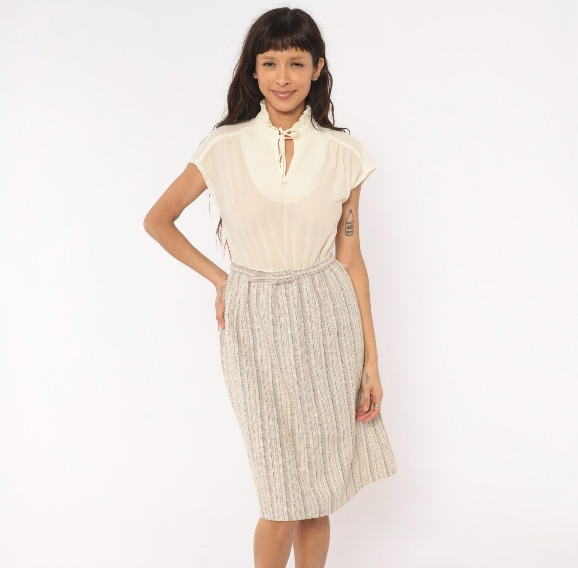 80s Berg Ray Two-Piece Set Sheer Cream Blouse Tan Tweed Skirt Medium M