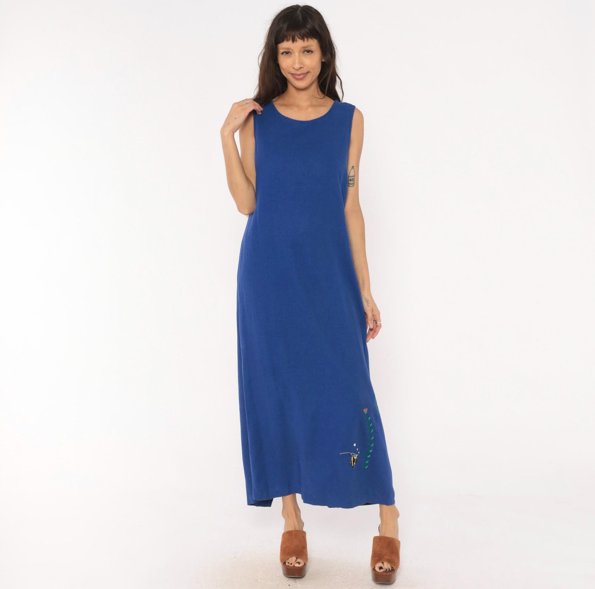 90s Ultra Dress Cobalt Linen Maxi Dress Angelfish Embroidered Medium Large