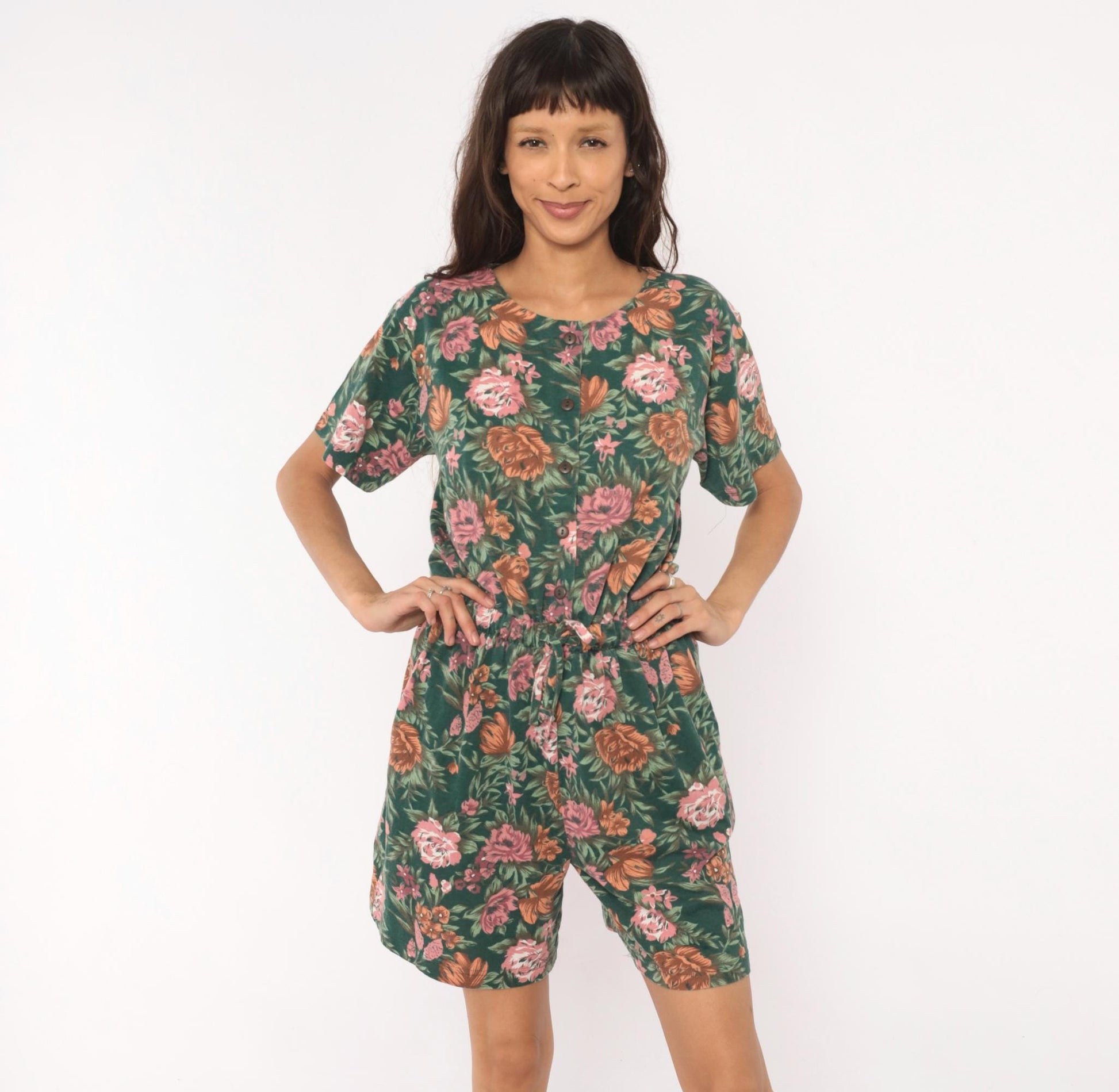 90s Shenanigans Floral Romper Green Pink Rose Drawstring Waist Medium M