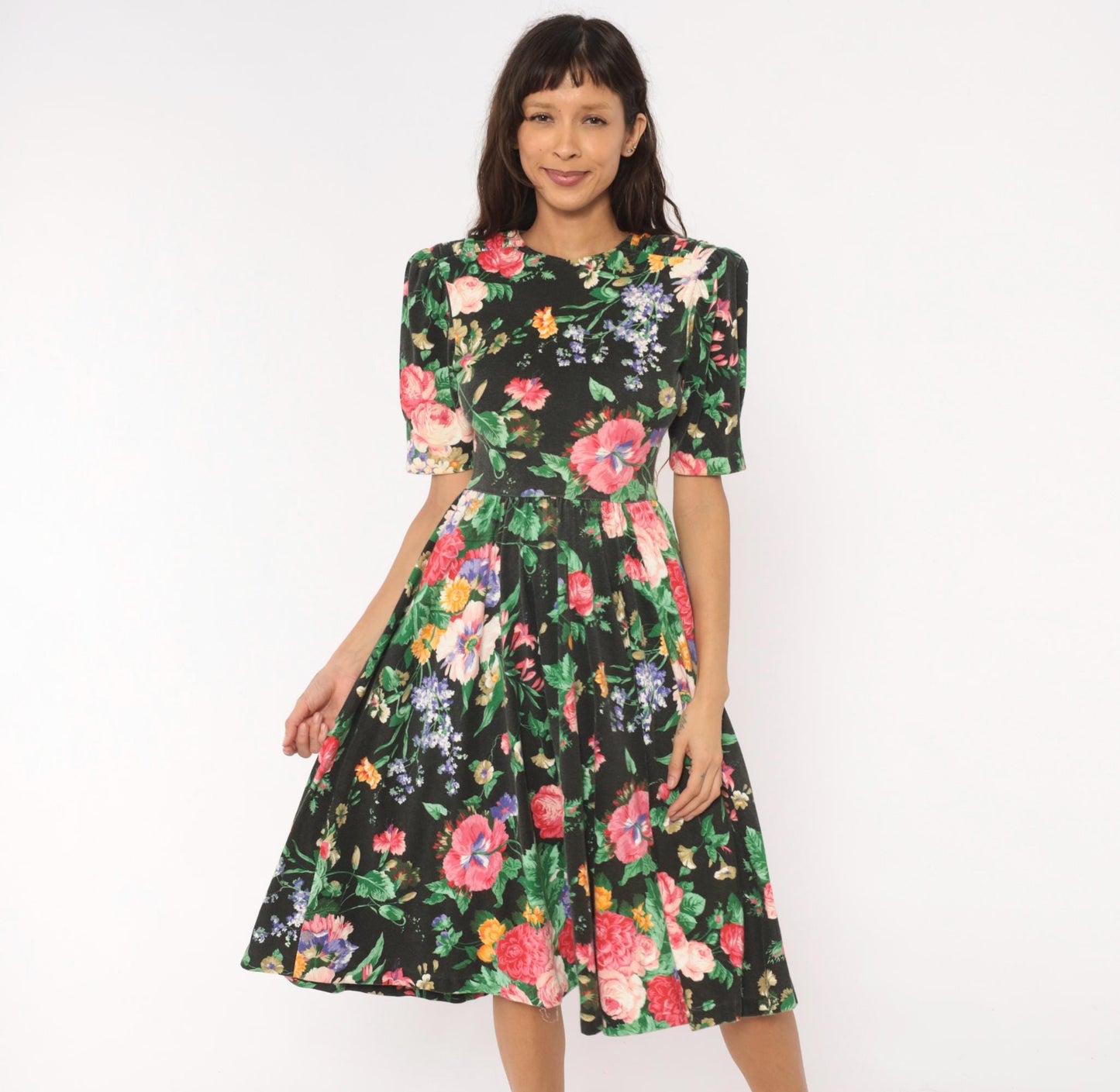 90s Expo Petite Floral Midi Dress Black Pink Puff Sleeve Small
