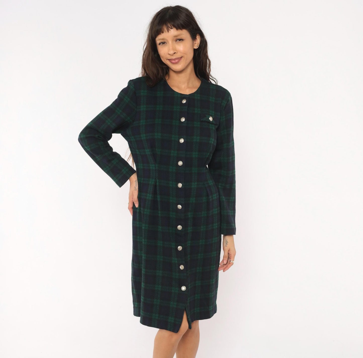90s Miss Dorby Tartan Plaid Button-Front Shirtdress Navy Teal Cotton Large L