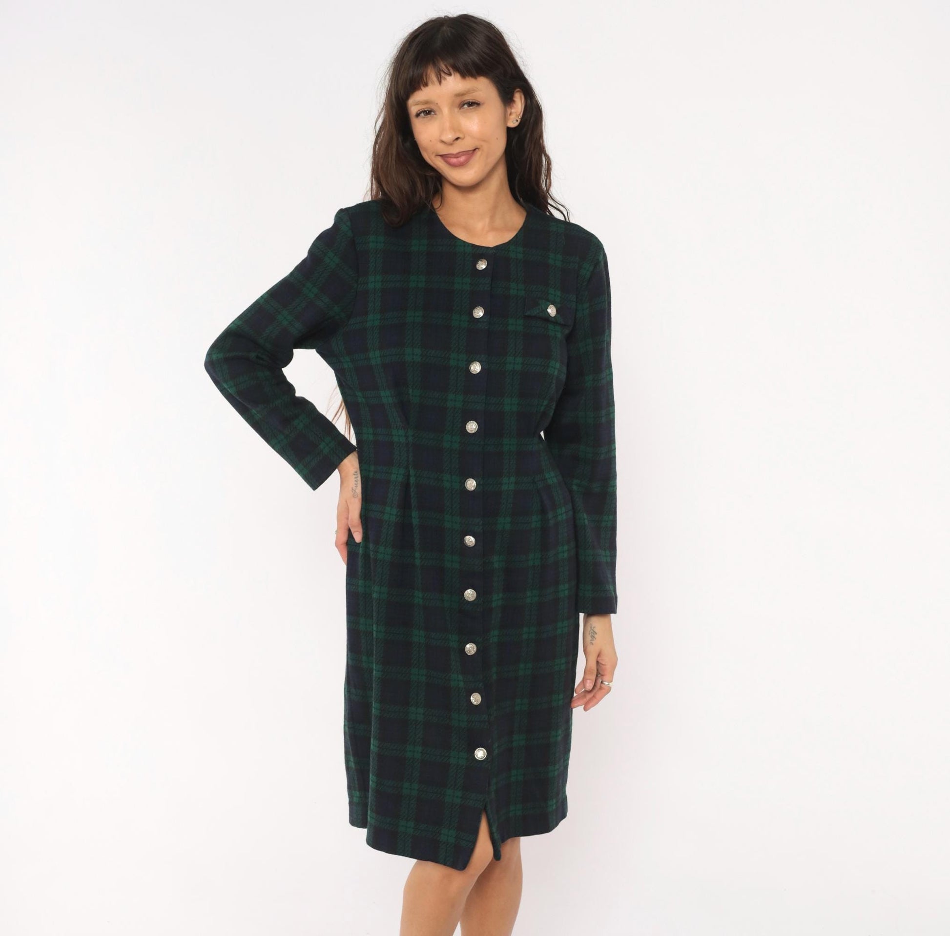 90s Miss Dorby Tartan Plaid Button-Front Shirtdress Navy Teal Cotton Large L