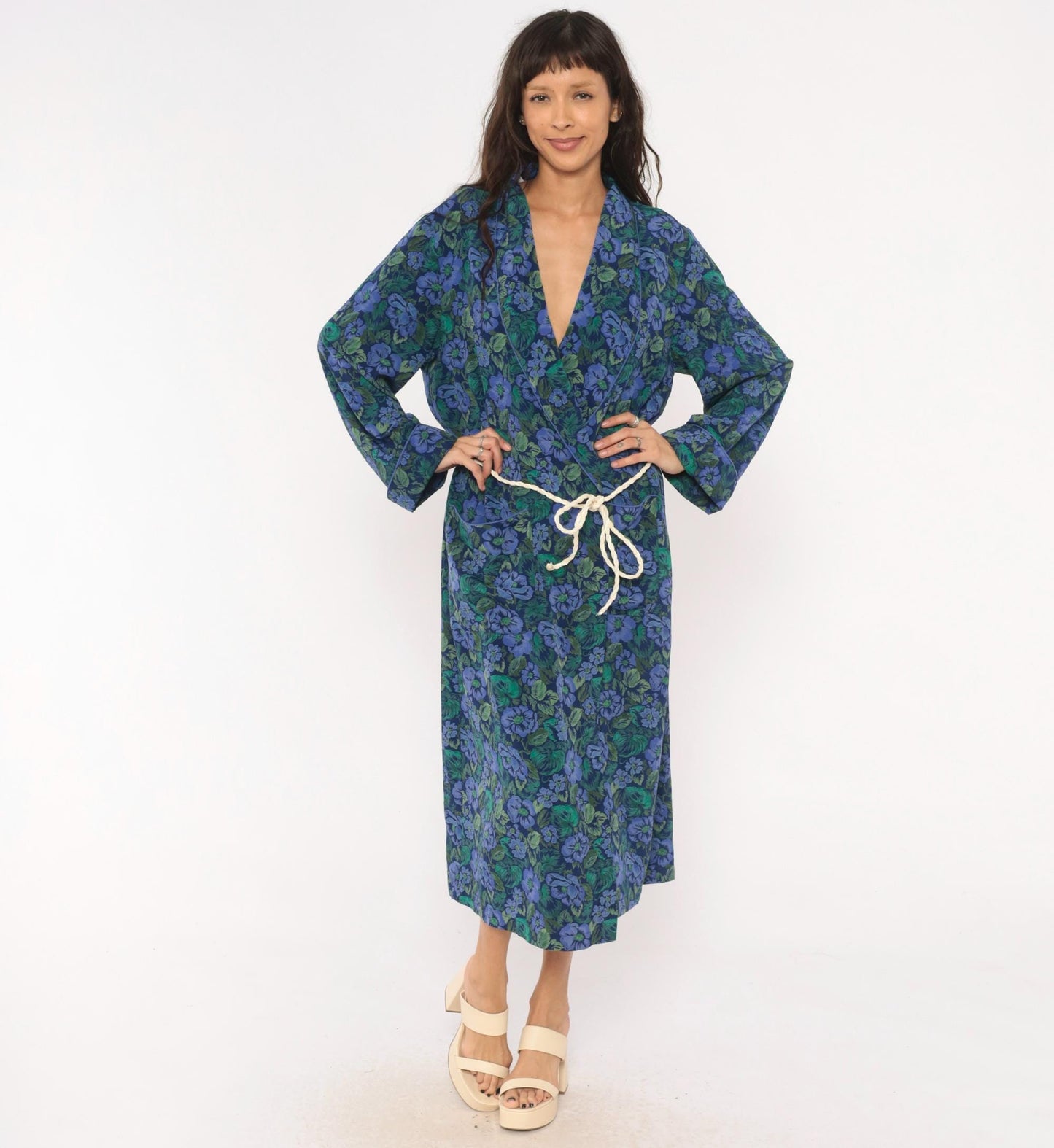 90s Cacique Floral Wrap Robe Periwinkle Navy Botanical Print Midi Large L