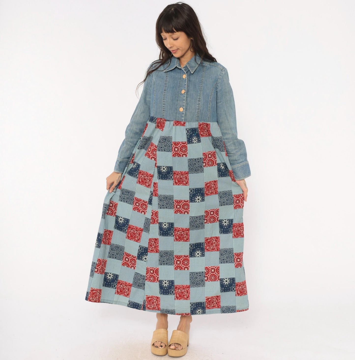 00s Valerie Stevens Patchwork Denim Maxi Dress Bandana Gingham Red Navy Medium