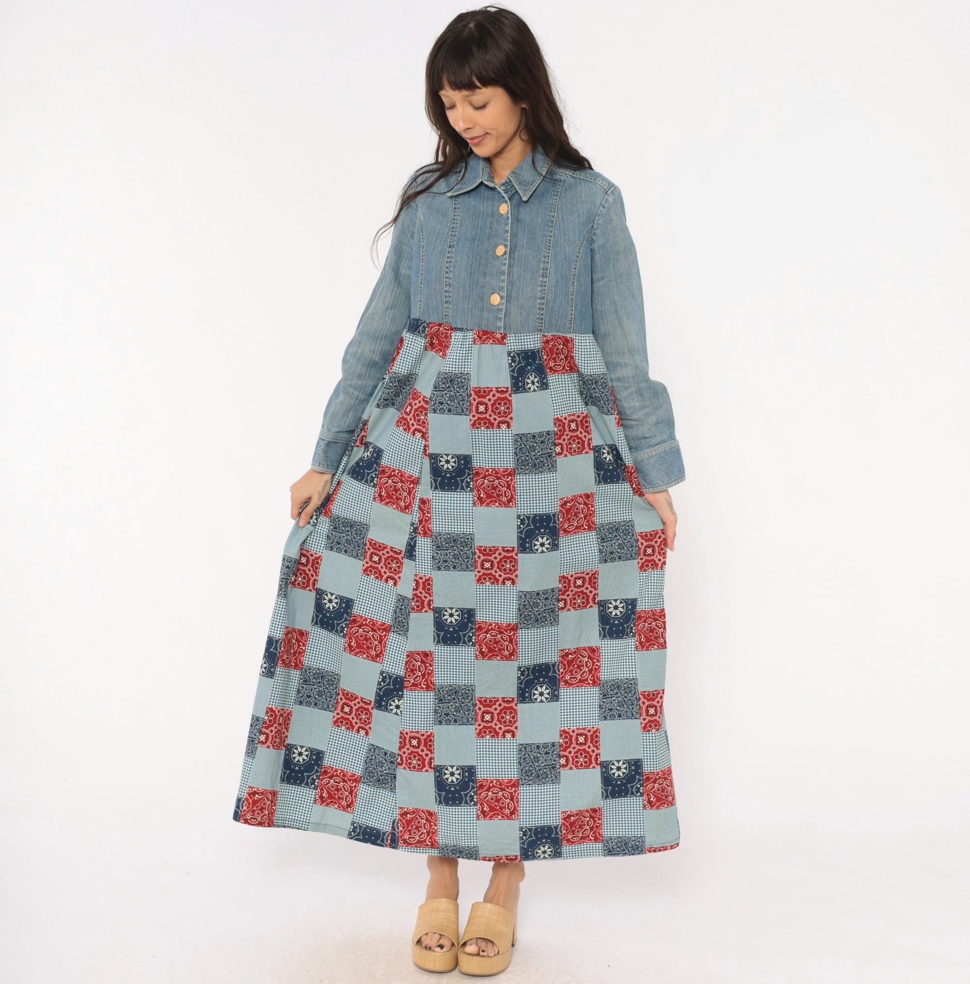 00s Valerie Stevens Patchwork Denim Maxi Dress Bandana Gingham Red Navy Medium
